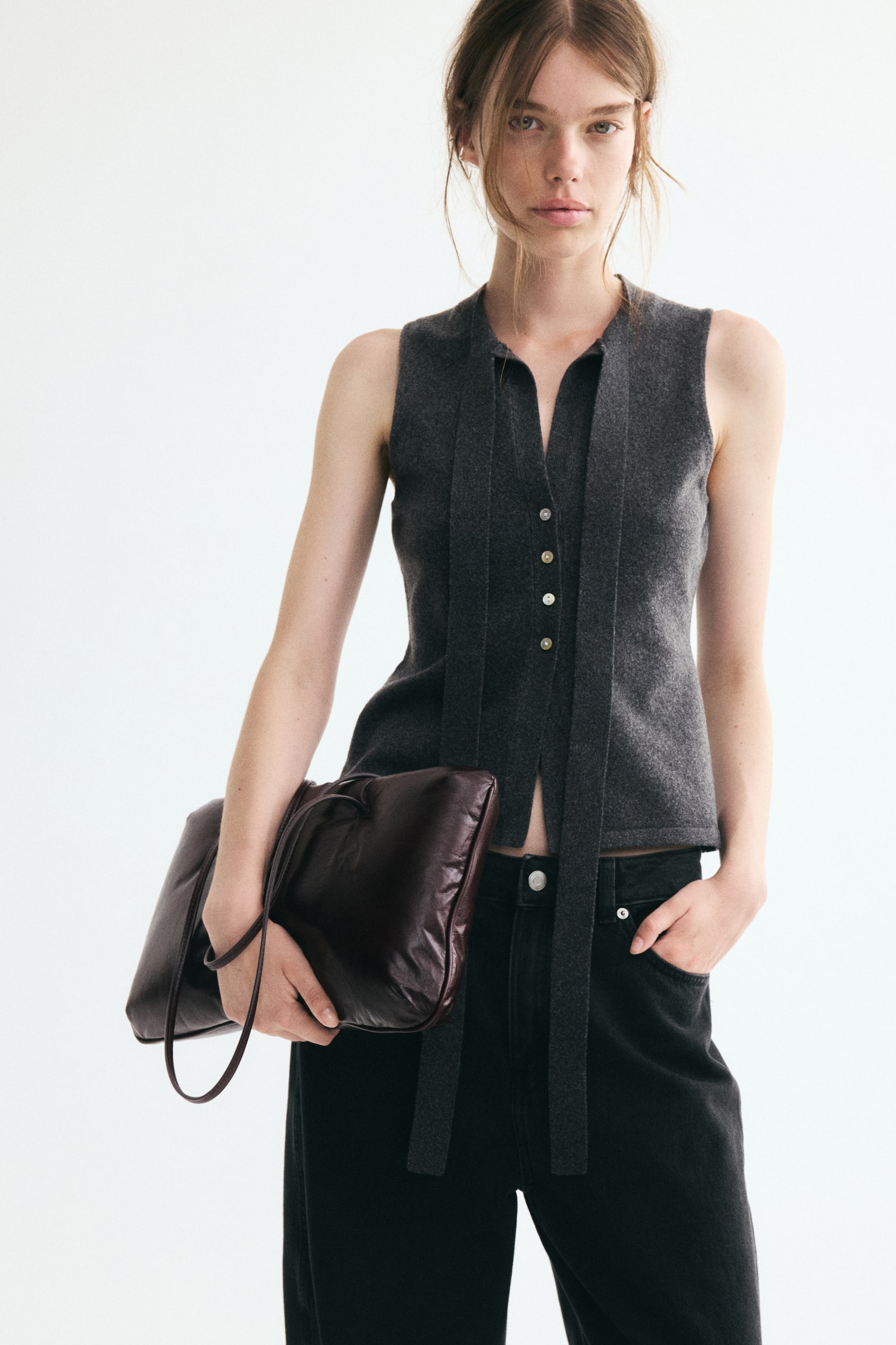 Женский топ H&M Knit Bow-Collar Top, цвет: Тёмный серый меланжевый — фото 2