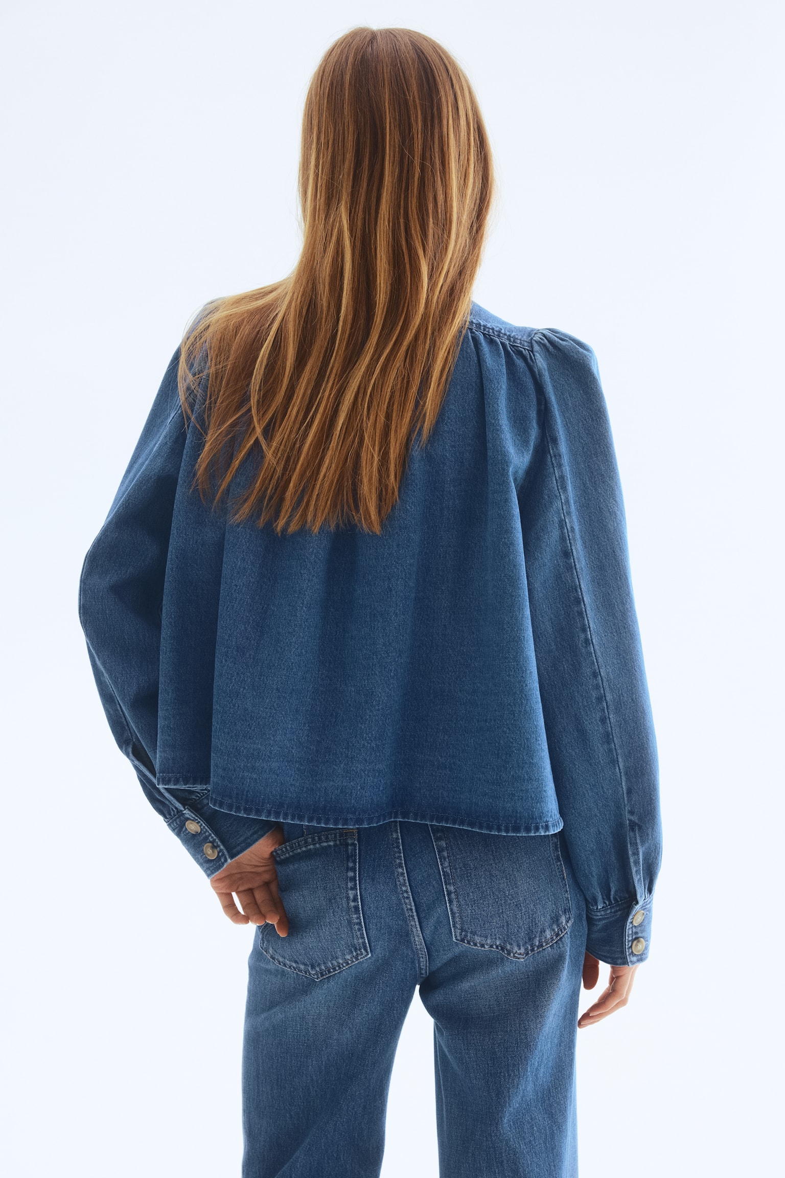 Puff-sleeved twill jacket - Denim blue/Dark brown/Beige - 7