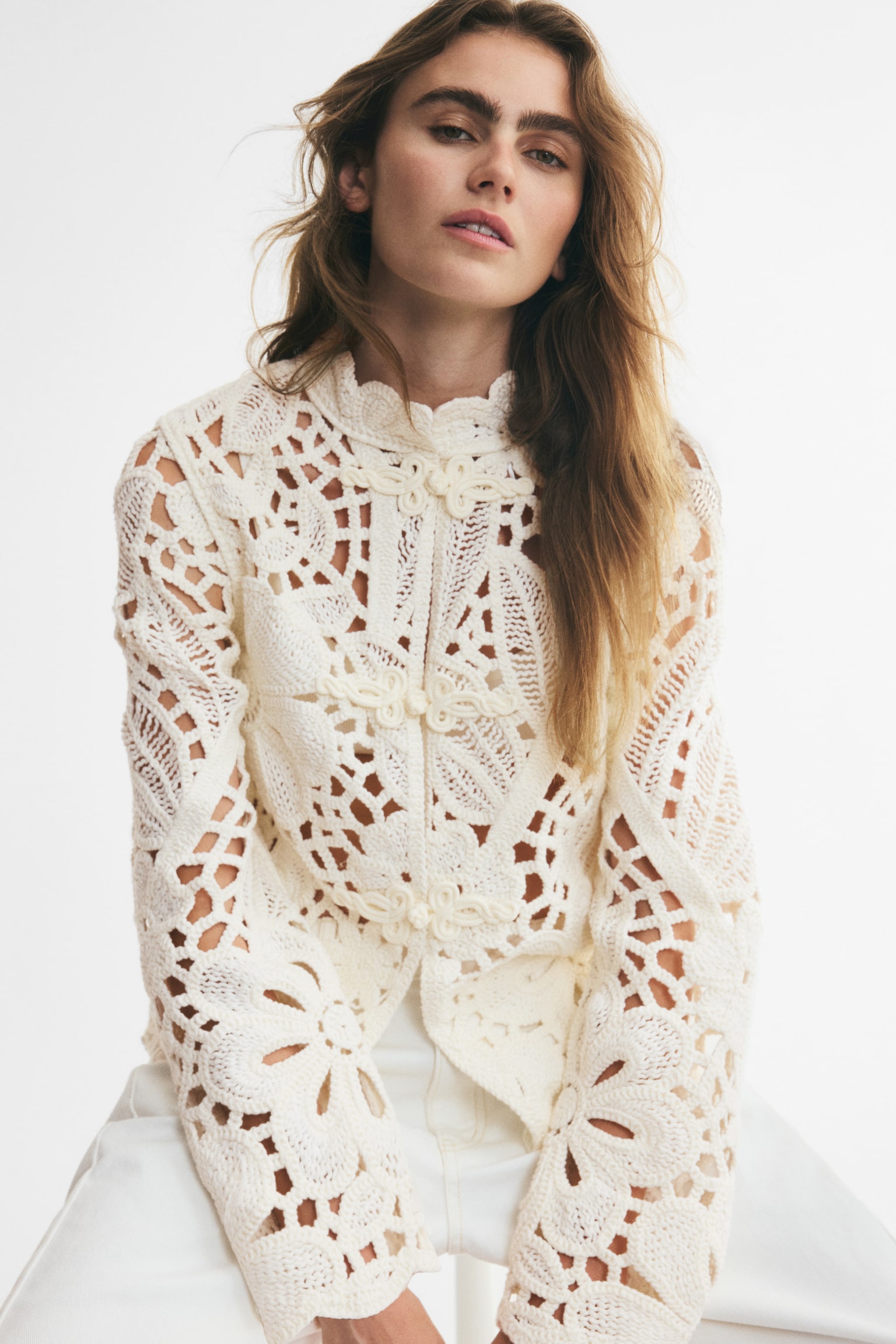 Crochet-Look Cardigan - Ivory - 1