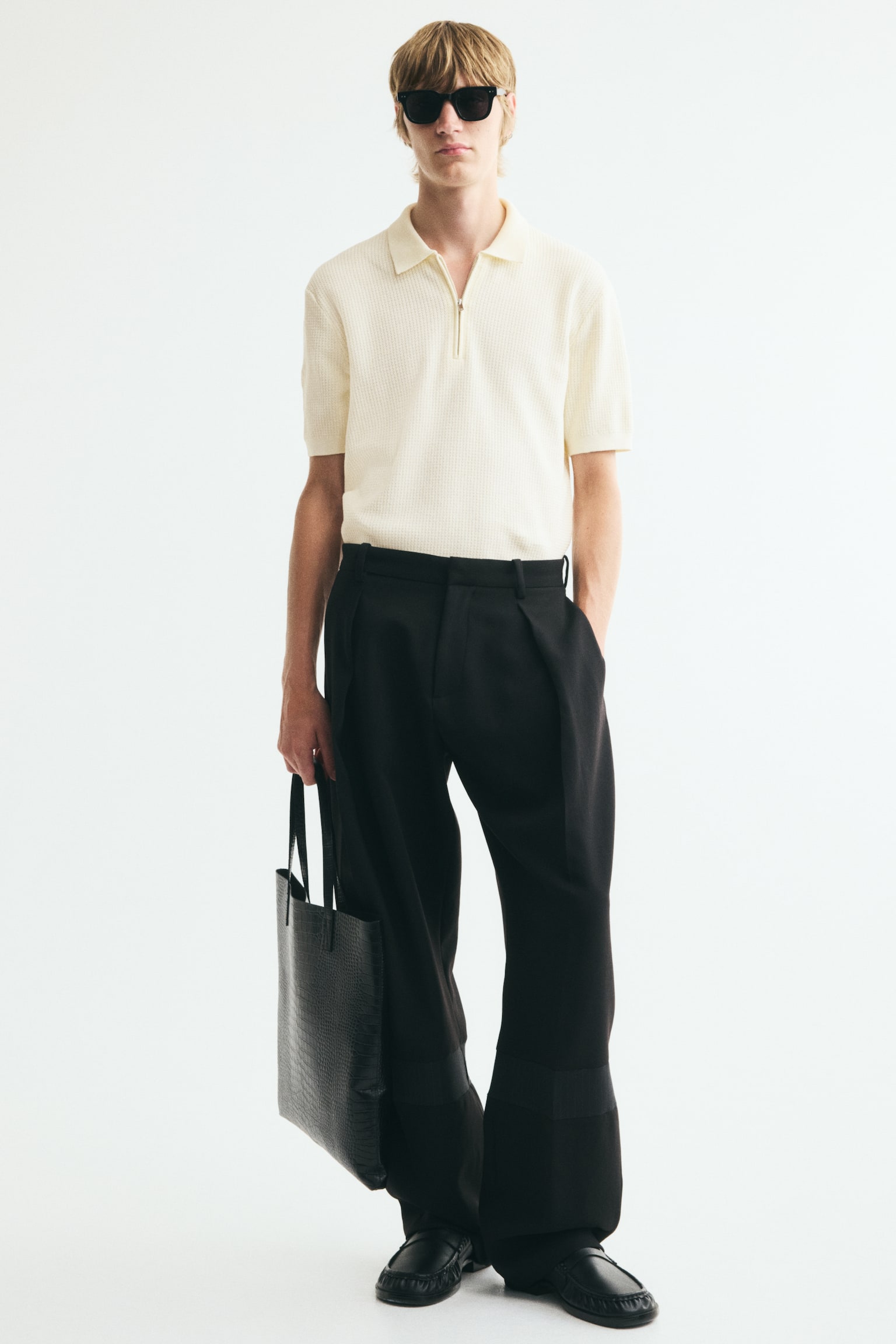 Мужское поло H&M Slim-Fit Half-Zip Polo Shirt, цвет: Кремовый — фото 4