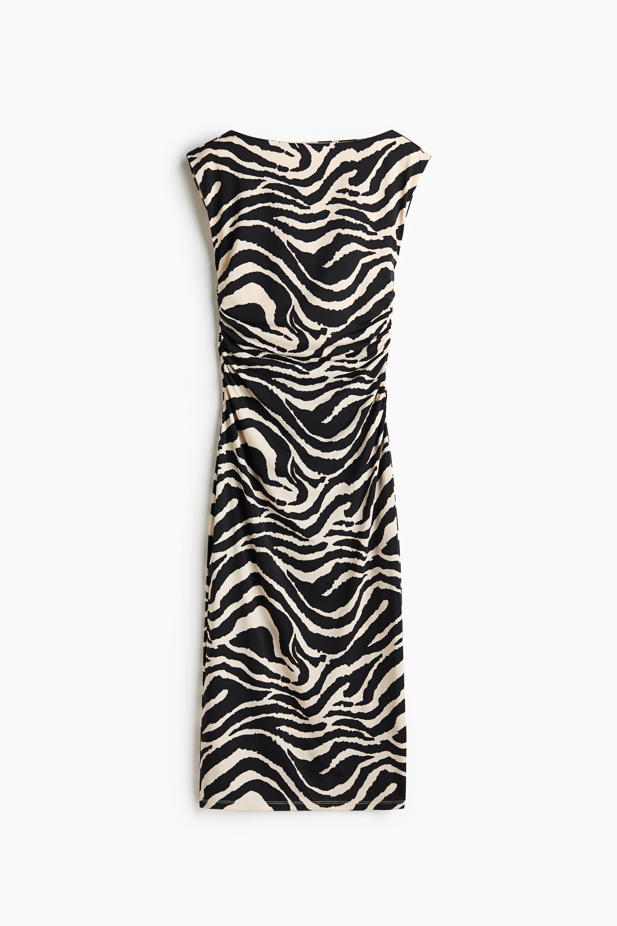 View larger image: A calf-length, fitted dress in black and beige zebra-print stretch jersey is showcasing its front. It features a boat neckline, cap sleeves, and gathers at the waist.
