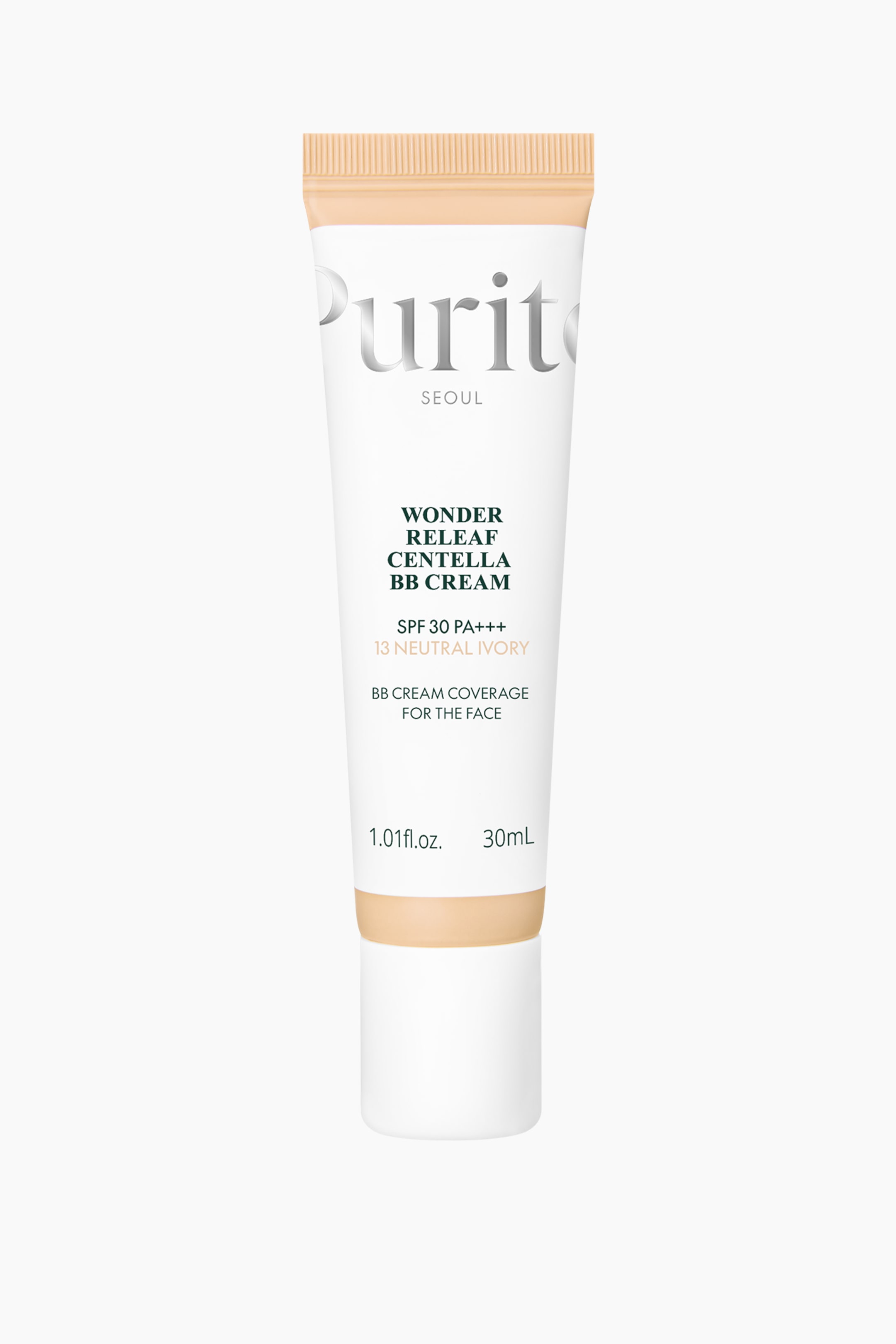 Se større billede: Et Purito Wonder Releaf Centella BB Cream-rør står oprejst og vender fremad. Det hvide rør har lyse beige top- og bundsektioner, der viser produktinformationer såsom "SPF 30 PA+++ 13 Neutral Ivory" og "1.01fl.oz. 30mL."