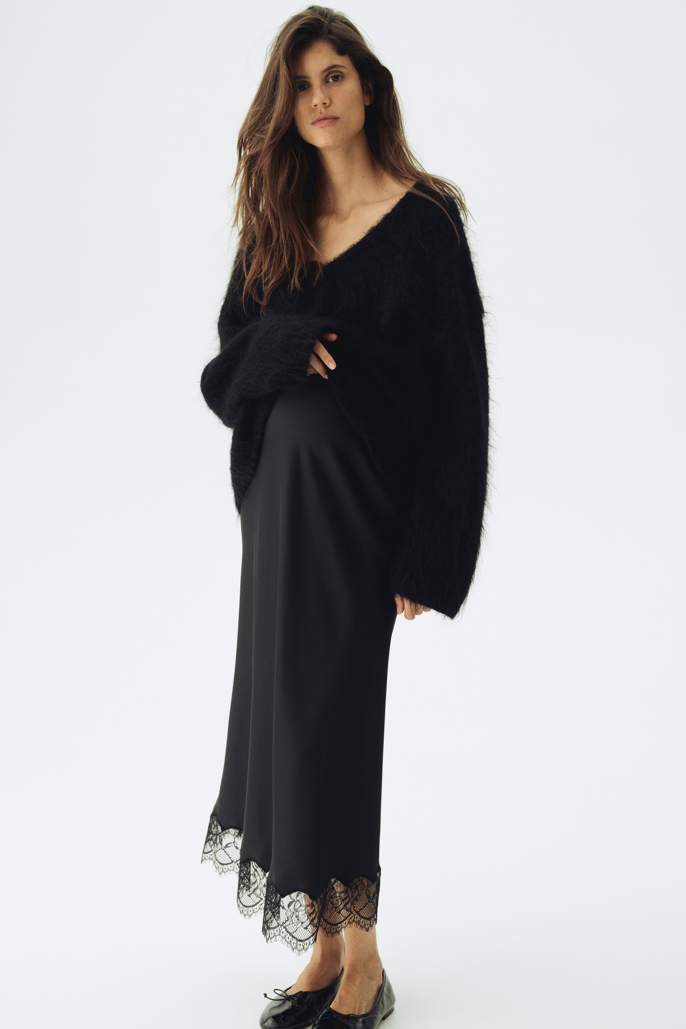 MAMA Suknja od satena sa čipkanom bordurom - Crna