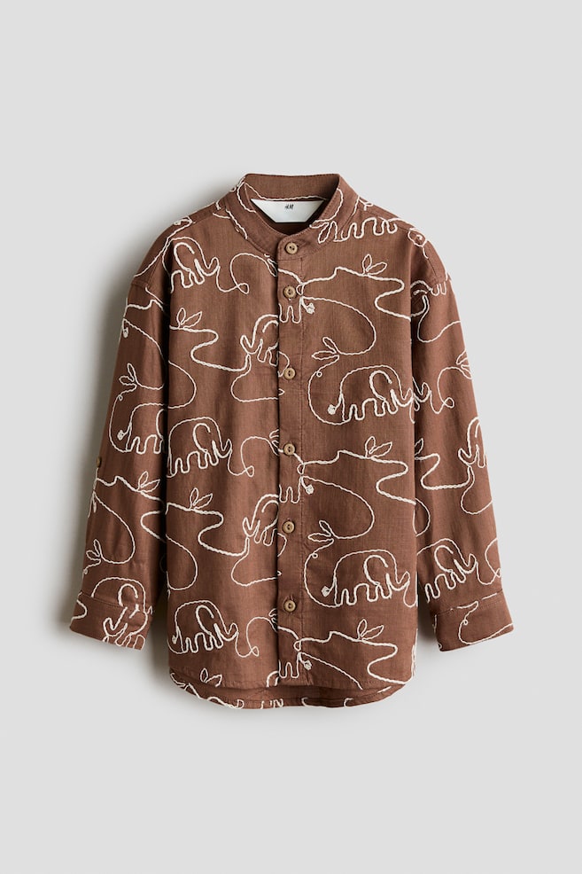 Patterned grandad shirt - Brown/Elephants/Dark red/Dark turquoise/Yellow - 1