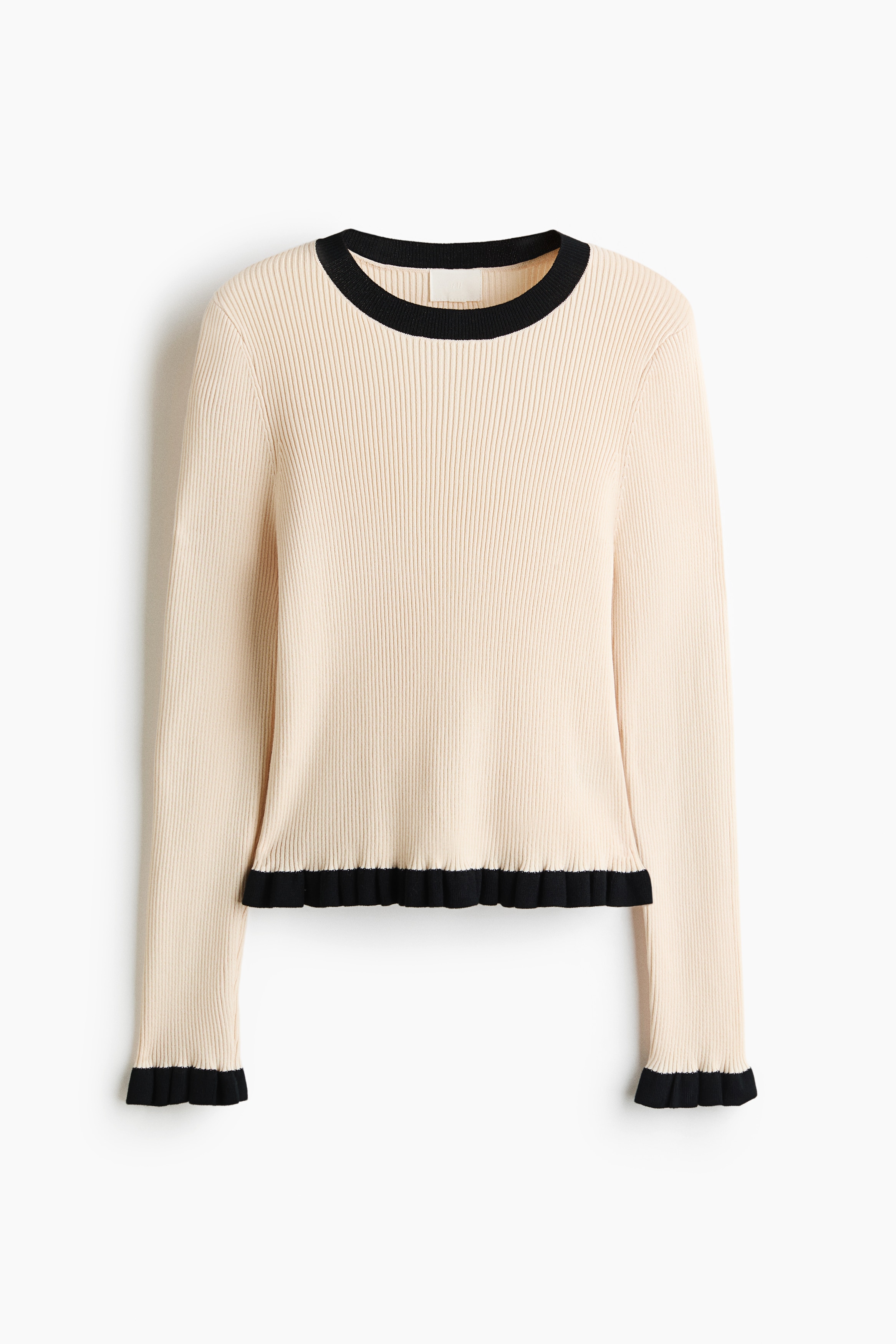 Ruffle-Trimmed Rib-Knit Top - Cream/Navy blue/striped/Cream/striped