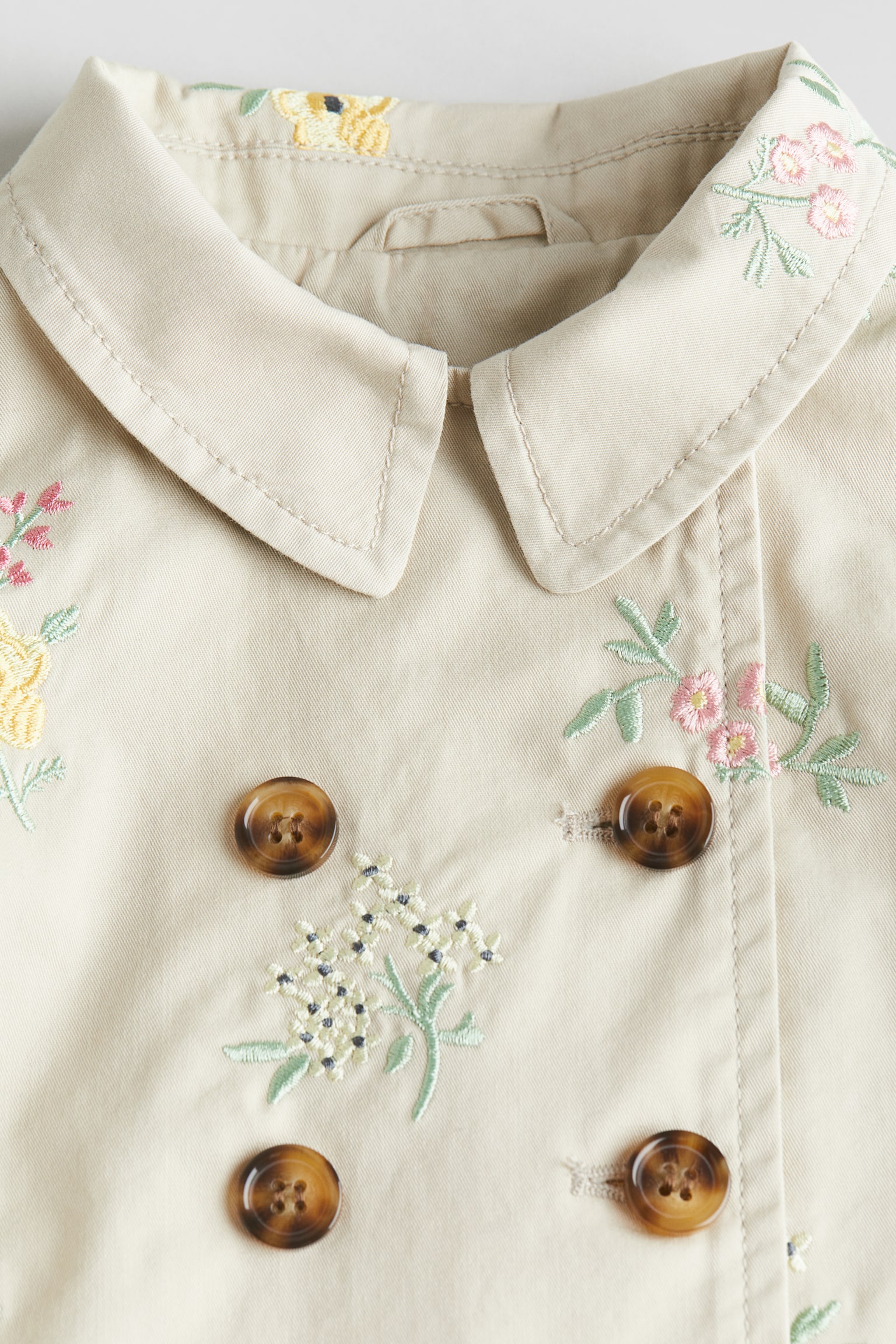 Embroidered Cotton Trench Coat - Light beige/Flowers - 3