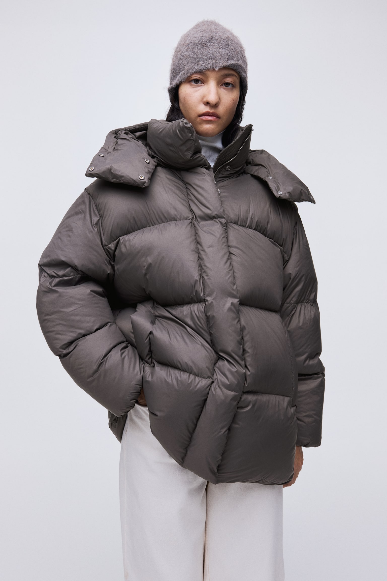 Hooded down puffer jacket - Dark greige/Dark brown/Black - 4
