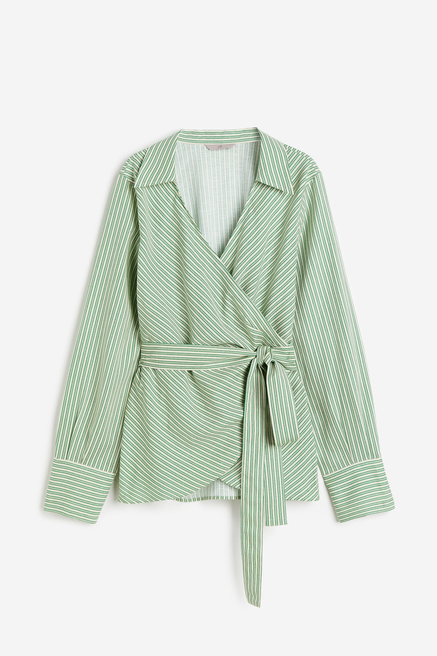 Linen Blend Wrap Blouse - Green/Stripe - 1