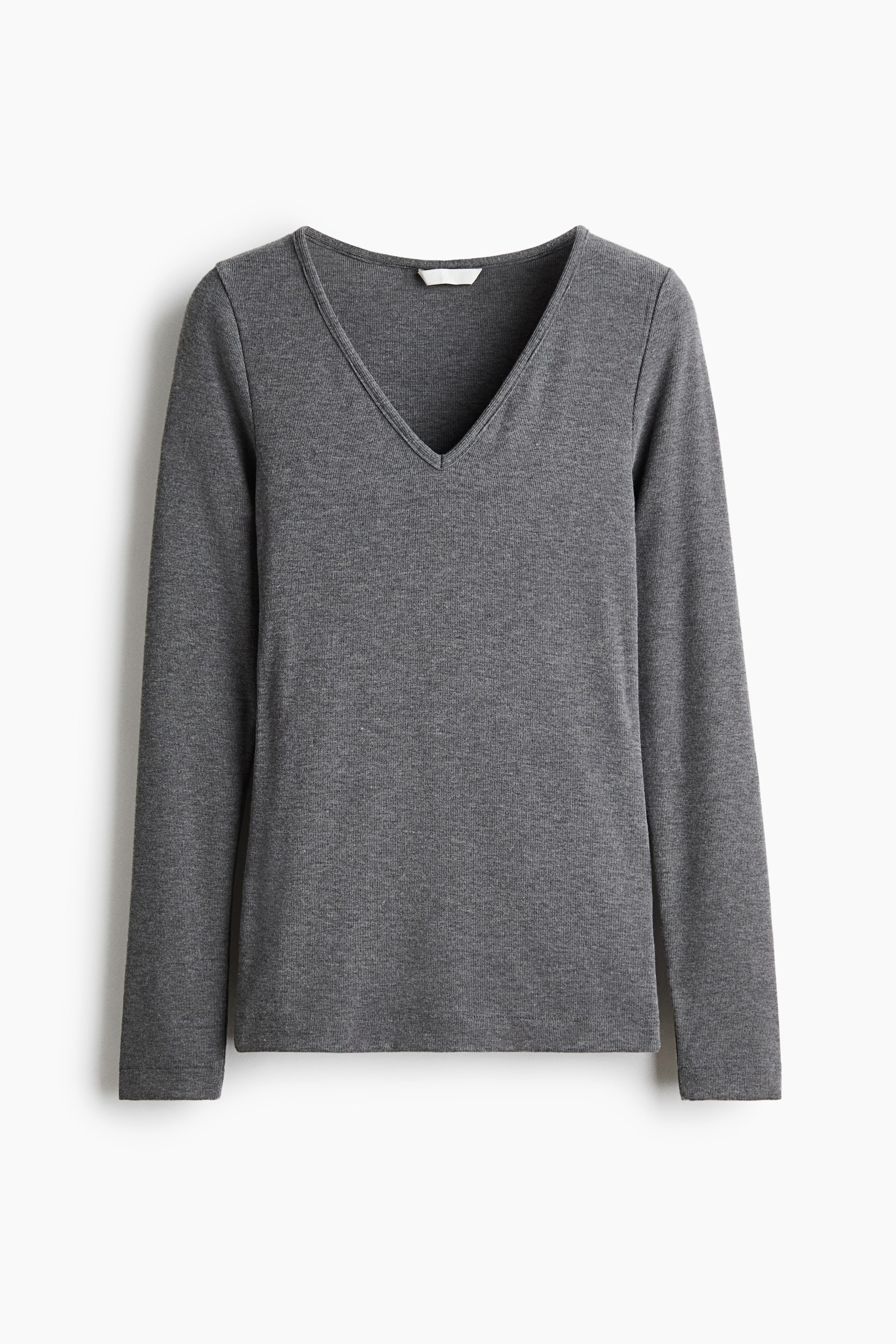 View larger image: A dark grey, long-sleeved top in finely ribbed jersey is shown from the front, featuring a V-neckline, long sleeves, and a straight-cut hem.
