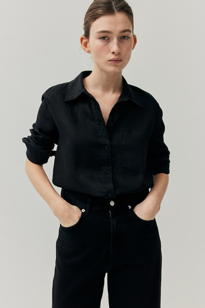 Camicia in lino - Nero/Bianco/Blu/bianco righe/Beige chiaro/dc - 1