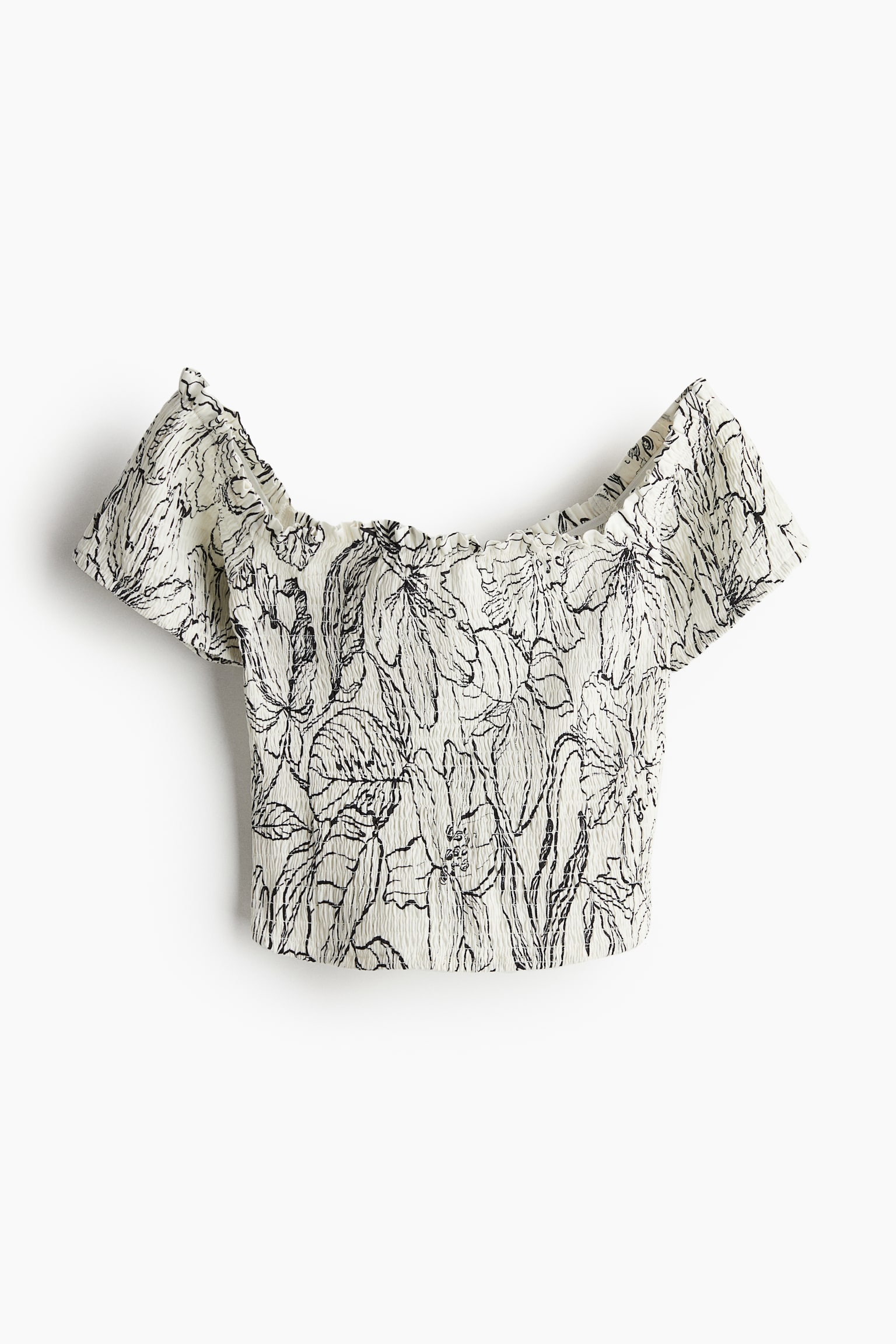 Linen Blend Smocked Top - White/Floral - 2