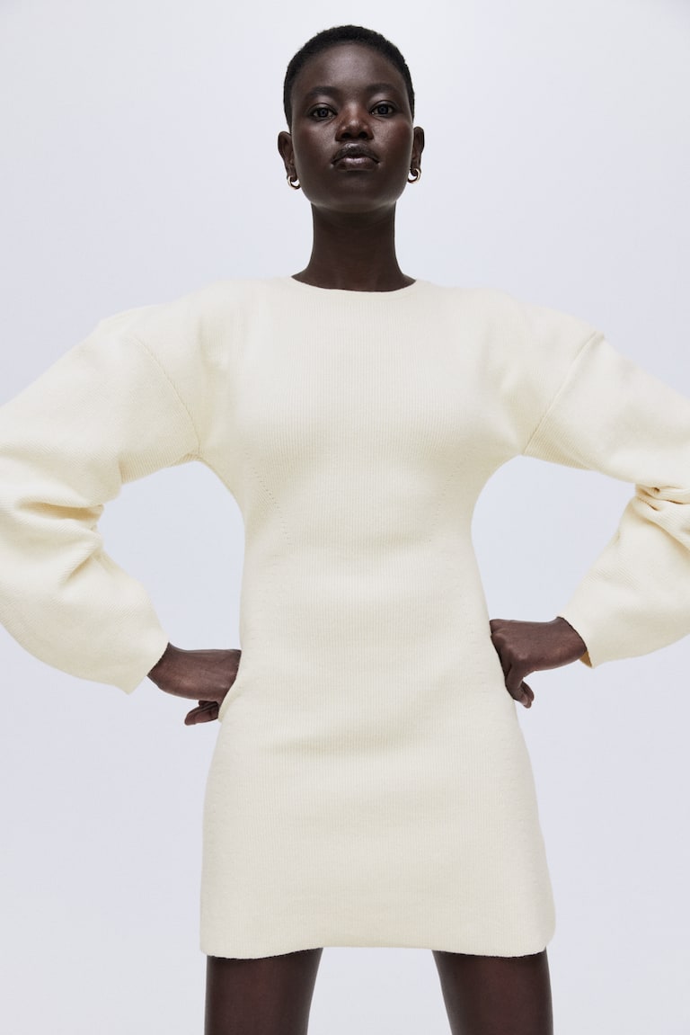 Ladies - Cream Viscose-Blend Rib-Knit Dress - Size: L - H&M Ladies - Cream Viscose-Blend Rib-Knit Dress - Size: L - H&M