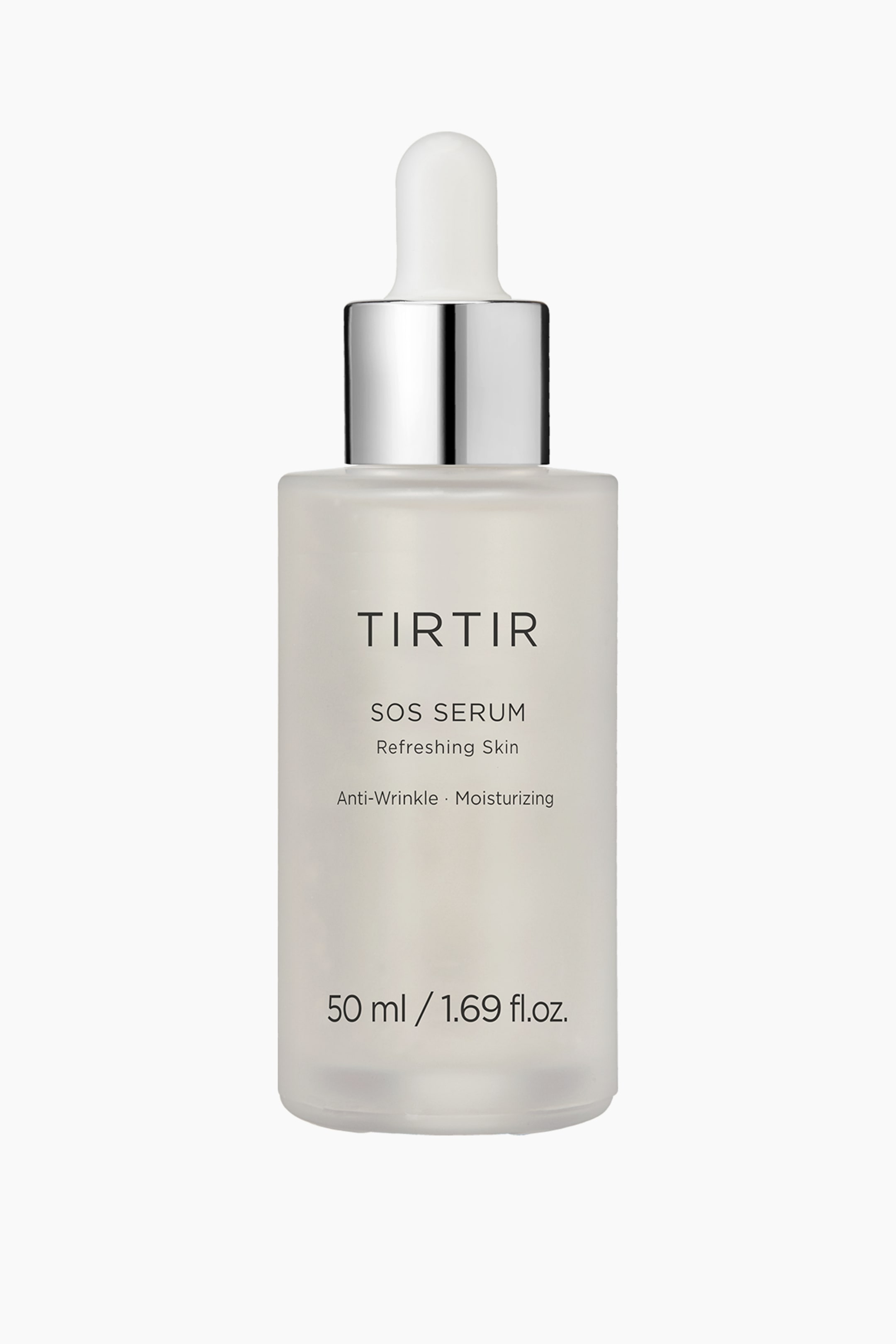 Visa större bild: En TIRTIR SOS Serum-flaska visar upp sin frostade glasdesign och en silverkrage med en vit pipett. Etiketten visar tydligt "SOS SERUM", "Uppfriskande Hud", "Anti-rynk � Återfuktande", och "50 ml / 1.69 fl.oz.".