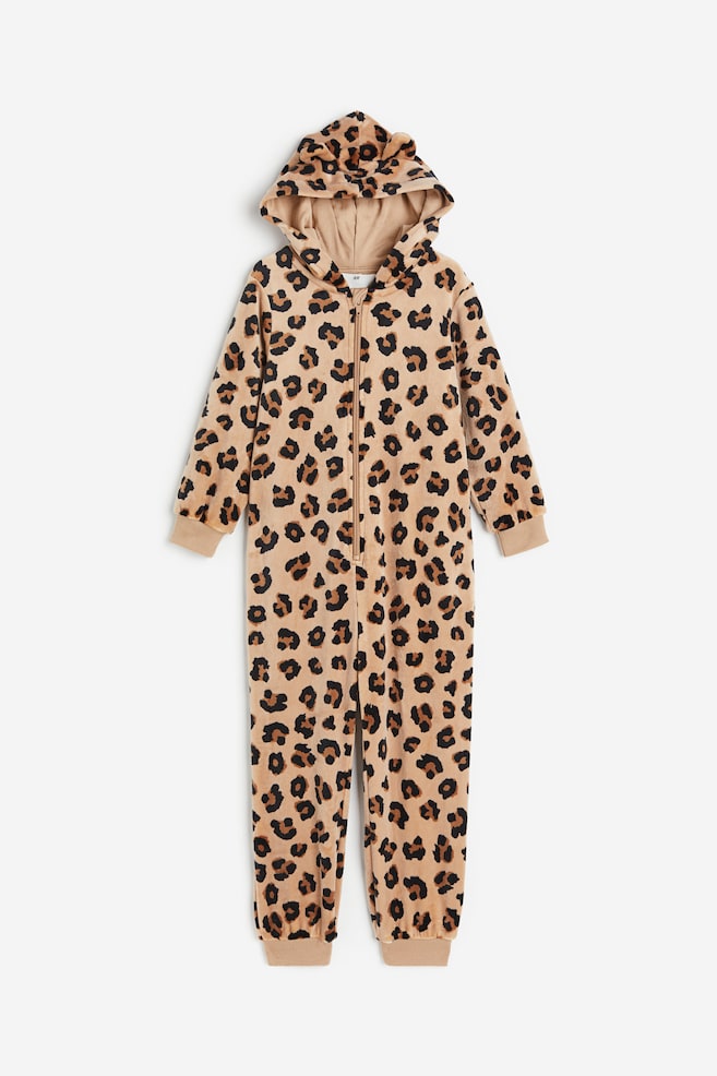 Patterned fleece all-in-one suit - Beige/Leopard print - 1