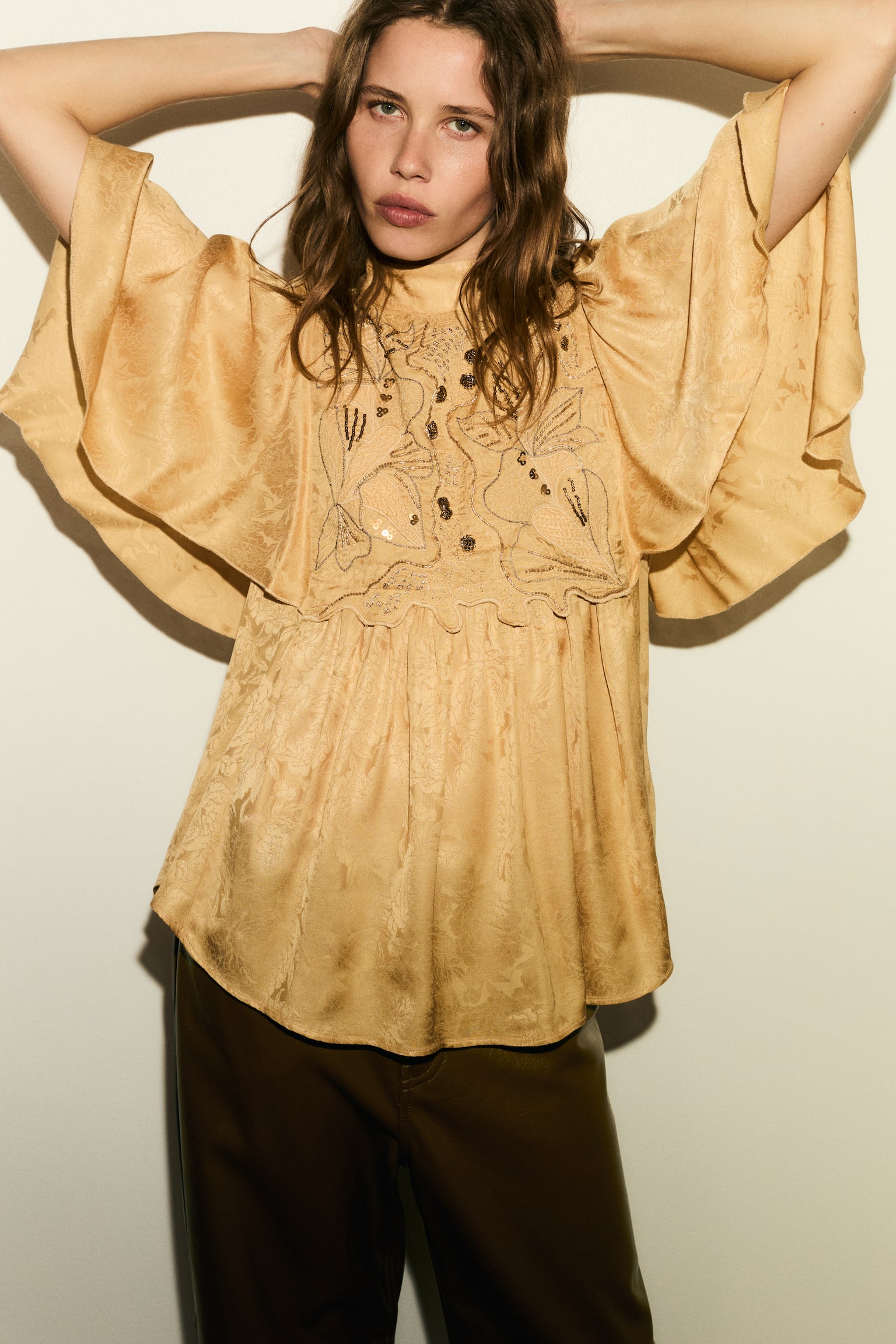 Embroidered jacquard blouse - Yellow - 1