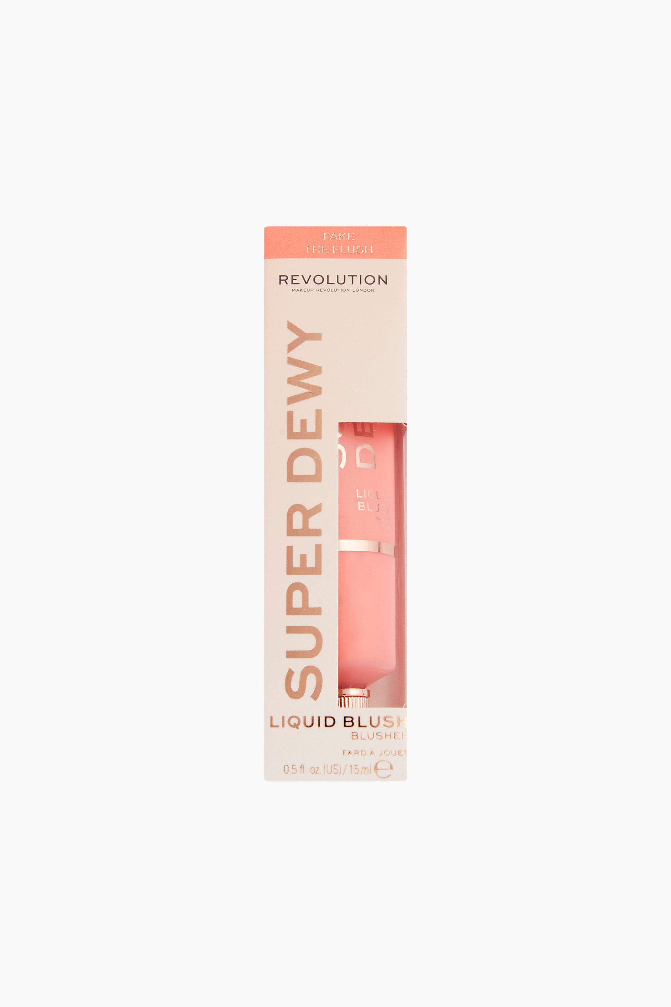 Größeres Bild ansehen: Superdewy Liquid Blush steht aufrecht in einer hellpfirsichfarbenen Kartonschachtel und zeigt ein vertikales Ausschnittfenster, durch das die rosa Squeeze-Tube im Inneren sichtbar ist. Die Verpackung verfügt über auffälligen, vertikal angeordneten Text mit der Aufschrift „SUPER DEWY“ neben dem Branding „REVOLUTION“.