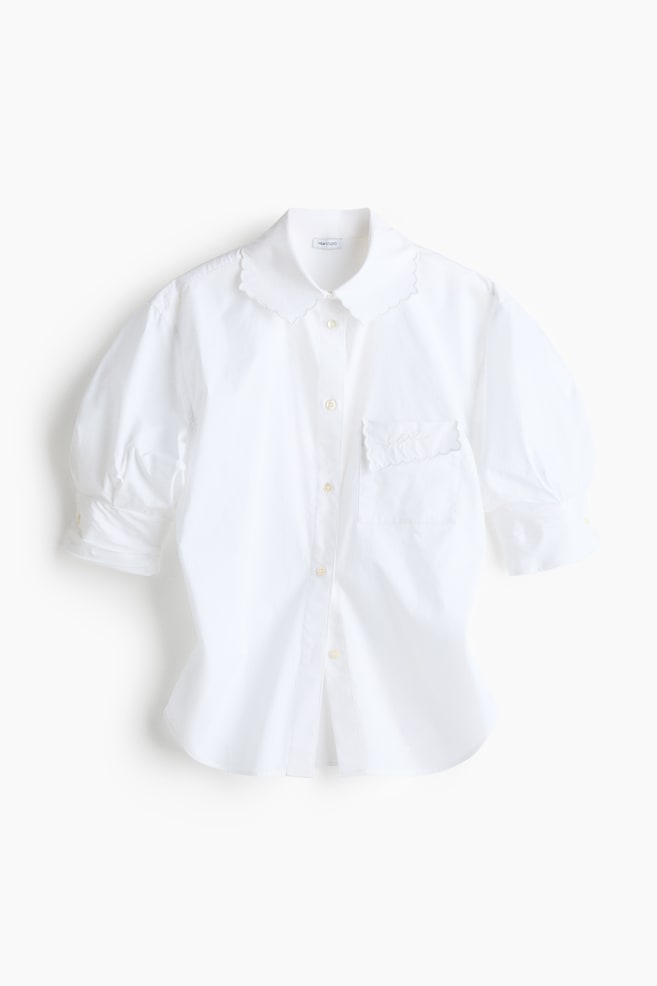 Ruched-Sleeve Poplin Shirt  - White - 1