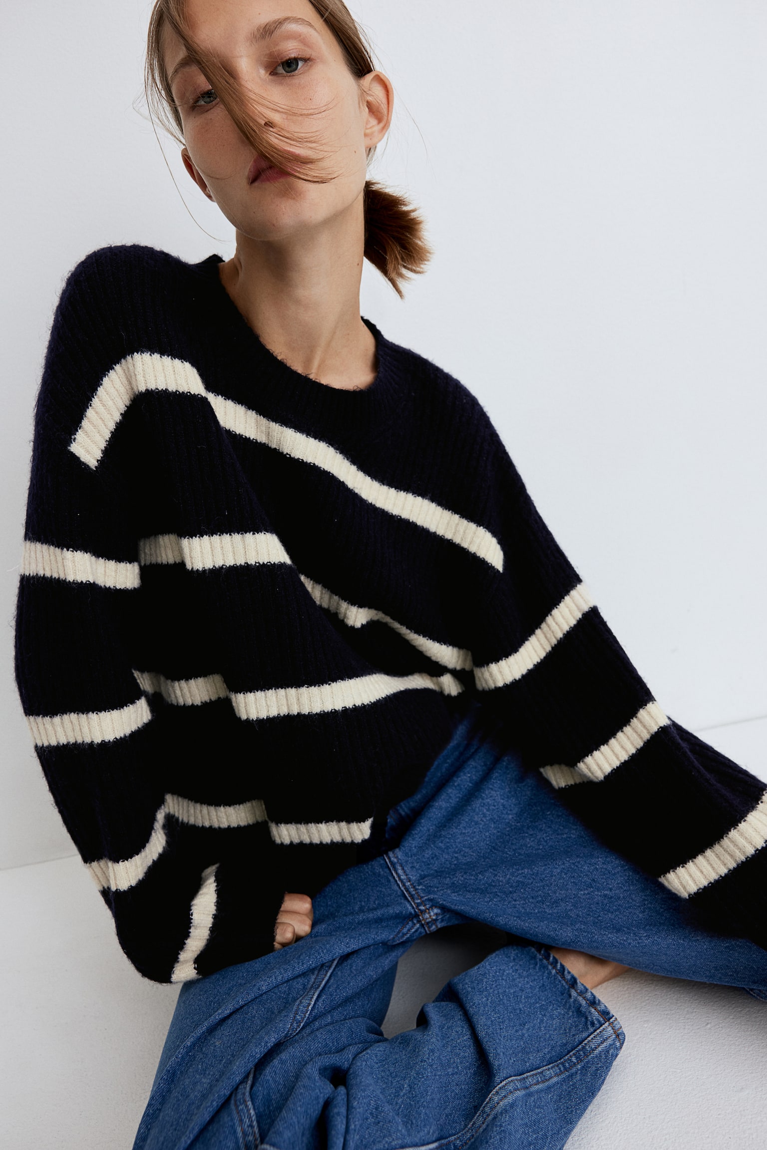 Rib-knit jumper - Navy blue/Striped/Light khaki green/Cream/Cream/Dark grey marl/Beige marl/Light beige/Striped/Light beige marl - 1