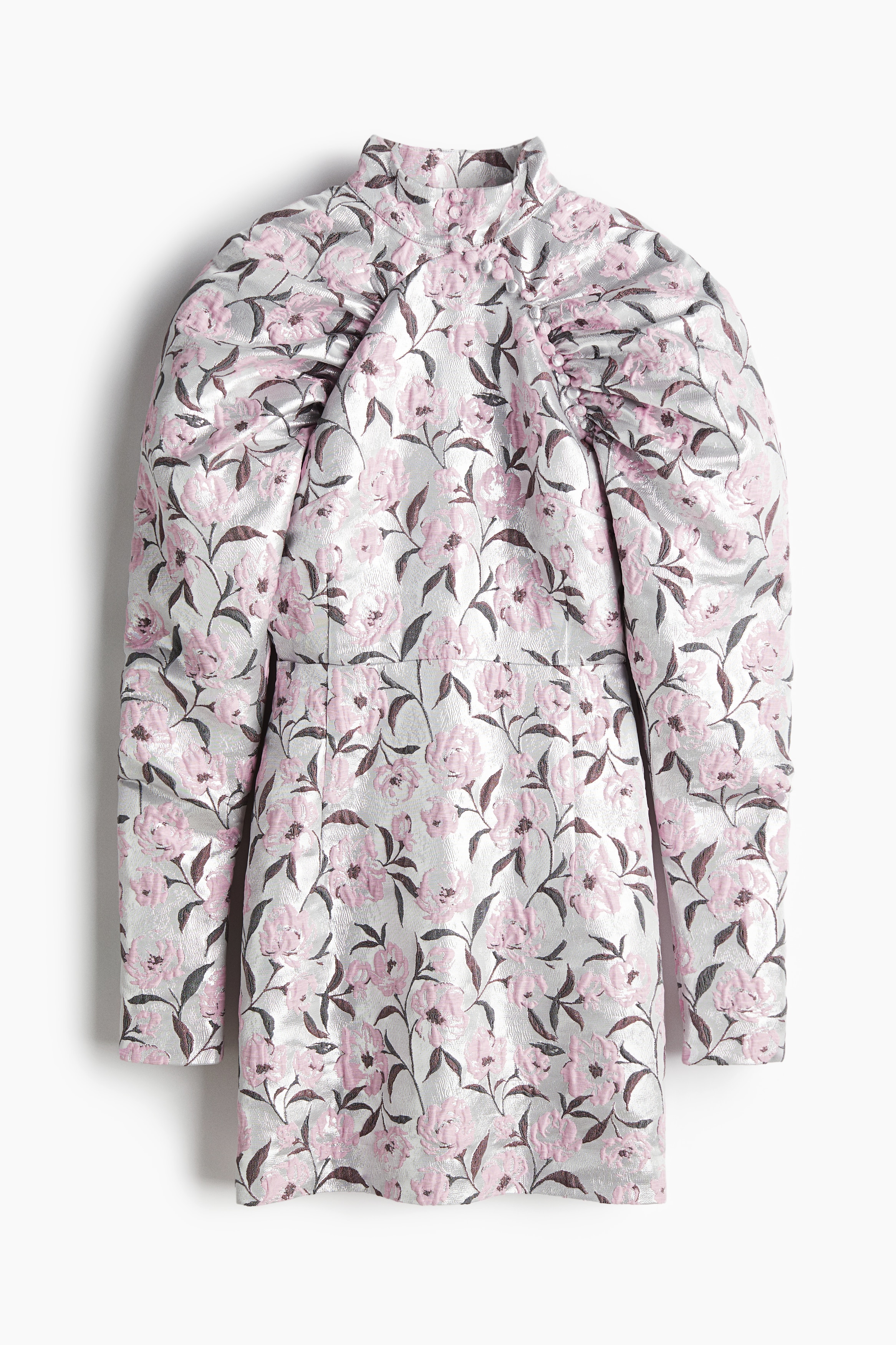 Naiset - Raglanhihainen brokadiminimekko Hopeanvärinen/Kukkakuvio - Size: 36 - H&M