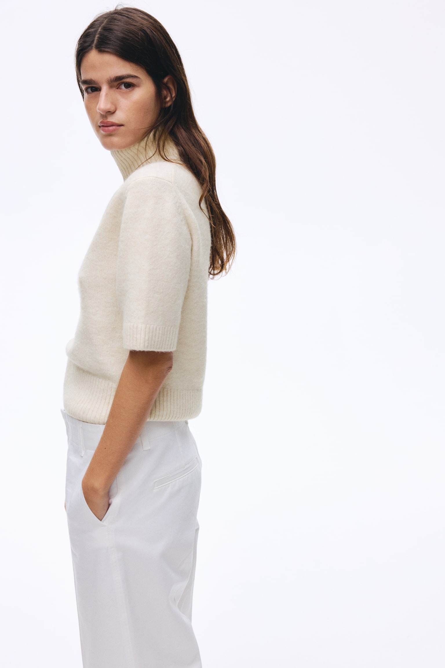 חולצת סריג עם צווארון גולף - קרם - 4