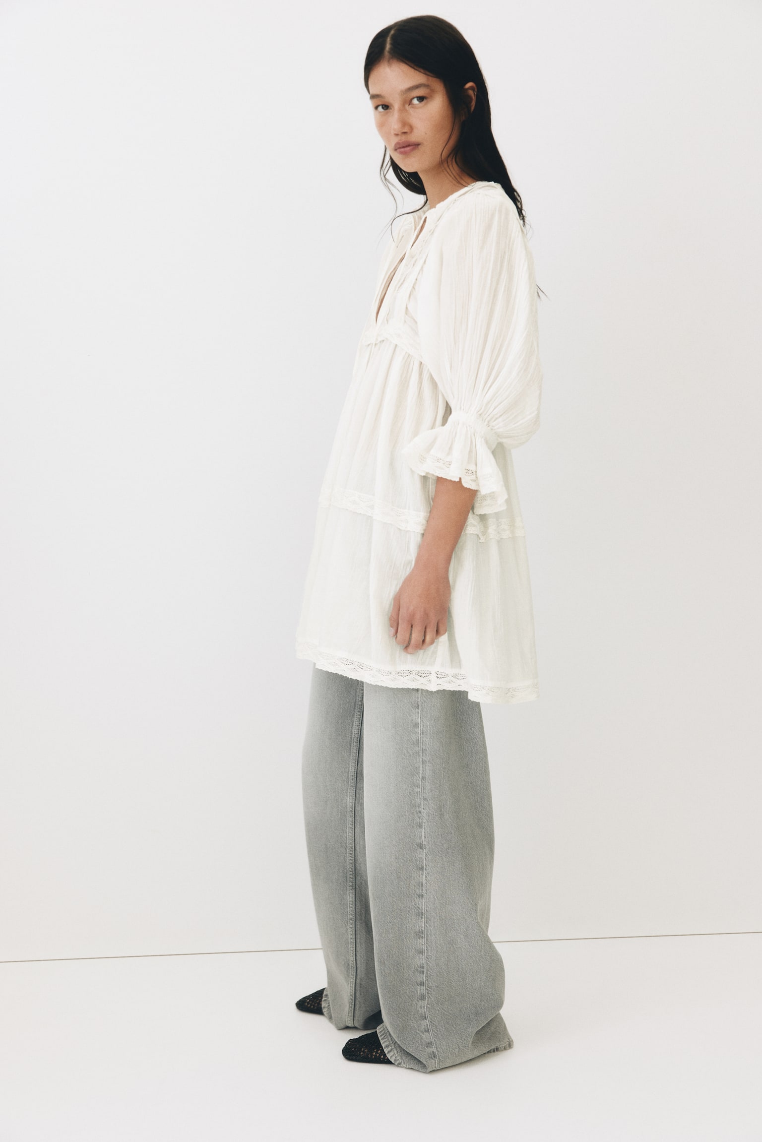 Lace-trimmed cotton dress - White/Charcoal grey - 5