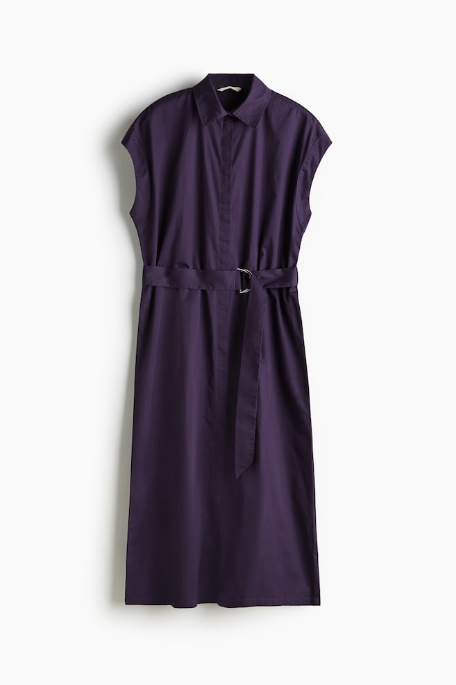 Belted poplin shirt dress - Dark purple/Khaki green - 1