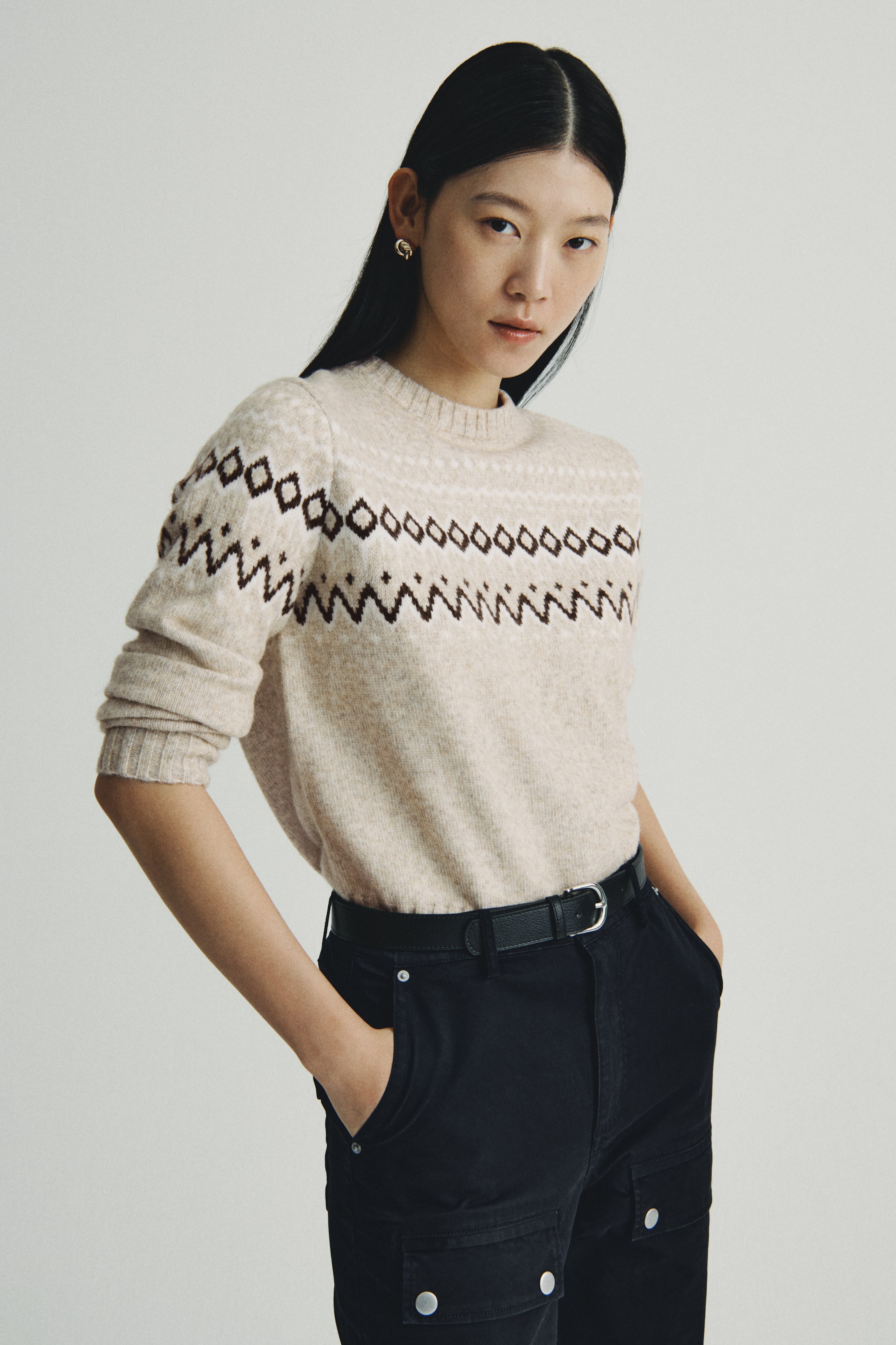 이미지 확대 보기: 자카드 니트 스웨터 - 베이지 멜란지/패턴 - 여성 | H&M KR 2