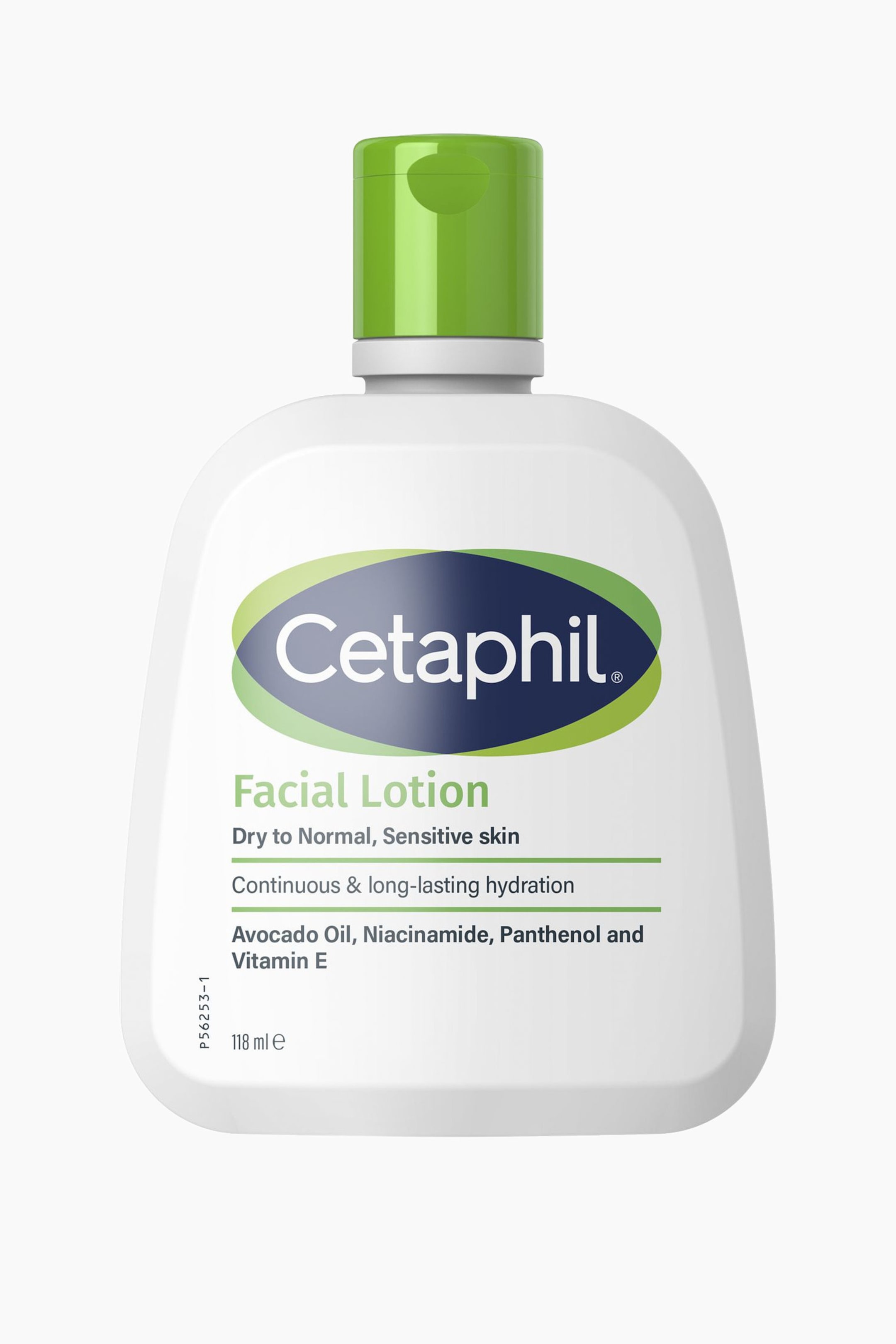 Visa större bild: En flaska Cetaphil Facial Lotion står upprätt, vänd framåt för att visa sin rundade vita plastkropp och ljusgröna flip-top-kork. Främre etiketten visar varumärkets blå och gröna logotyp, produktnamnet "Facial Lotion" för torr till normal känslig hud, samt en lista över nyckelingredienser inklusive avokadoolja, niacinamid, panthenol och vitamin E.