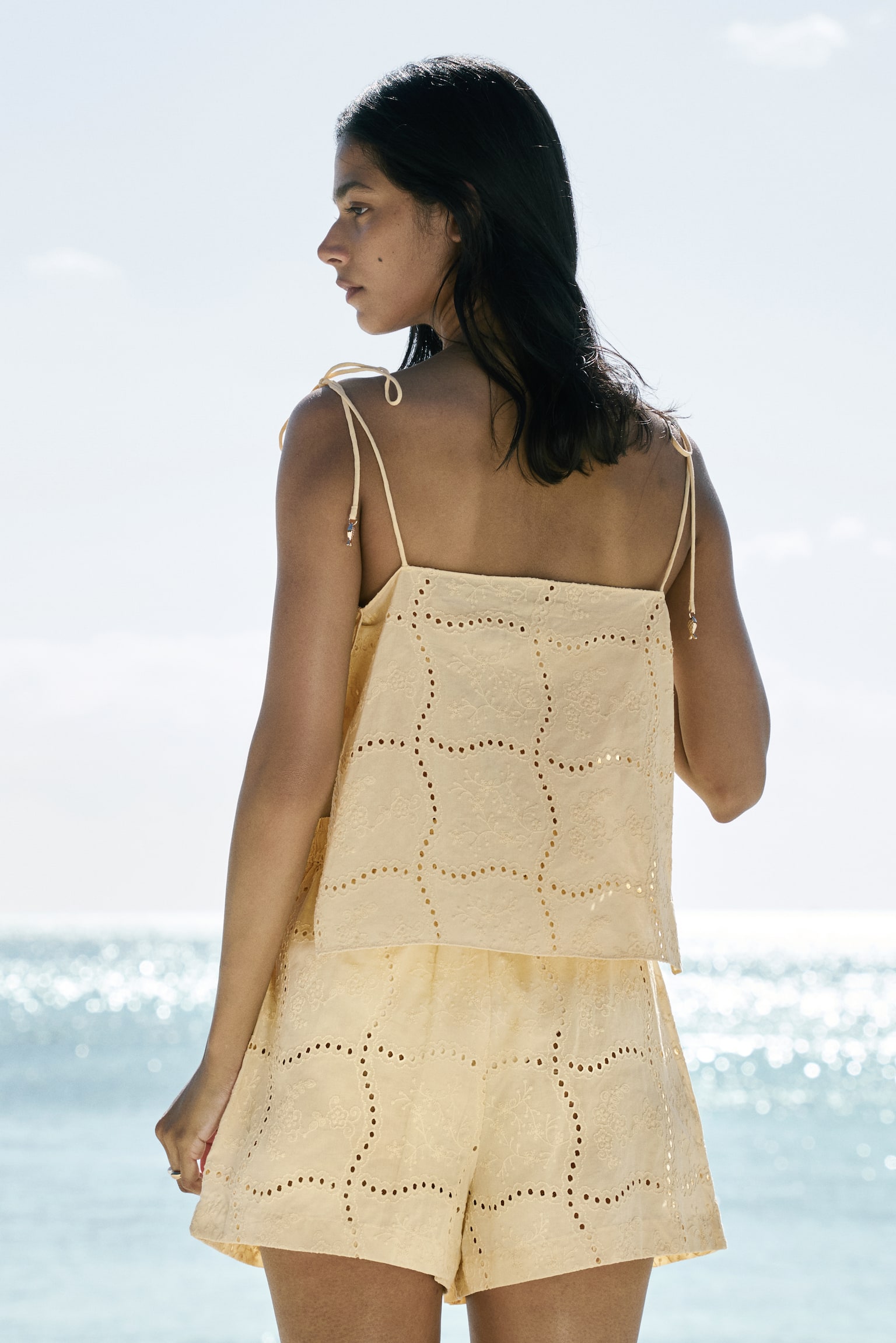 Eyelet-Embroidered Top with Tie Shoulder Straps - Light yellow/Burnt orange - 4