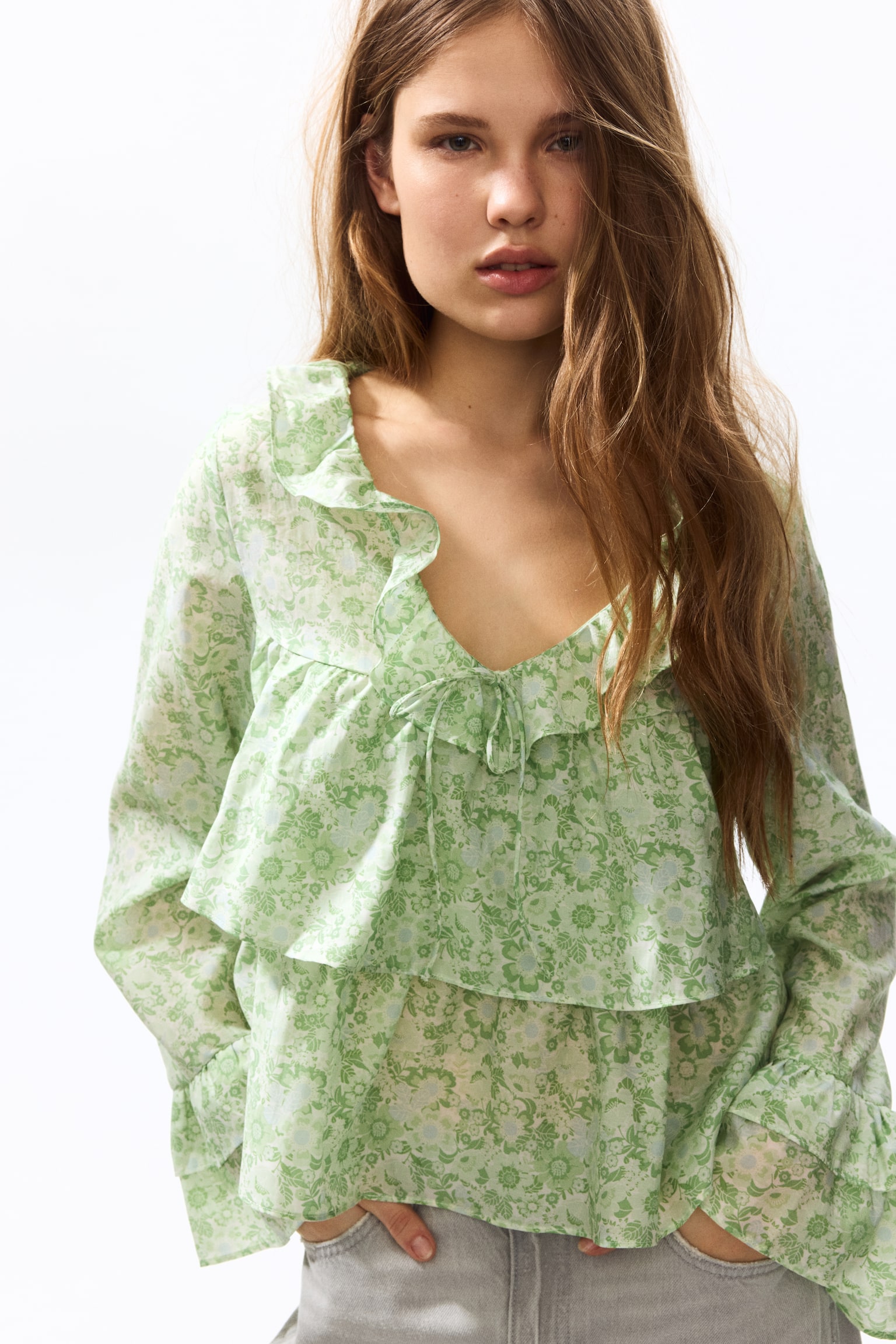 Blouse volantée-Vert clair/fleuri - 3