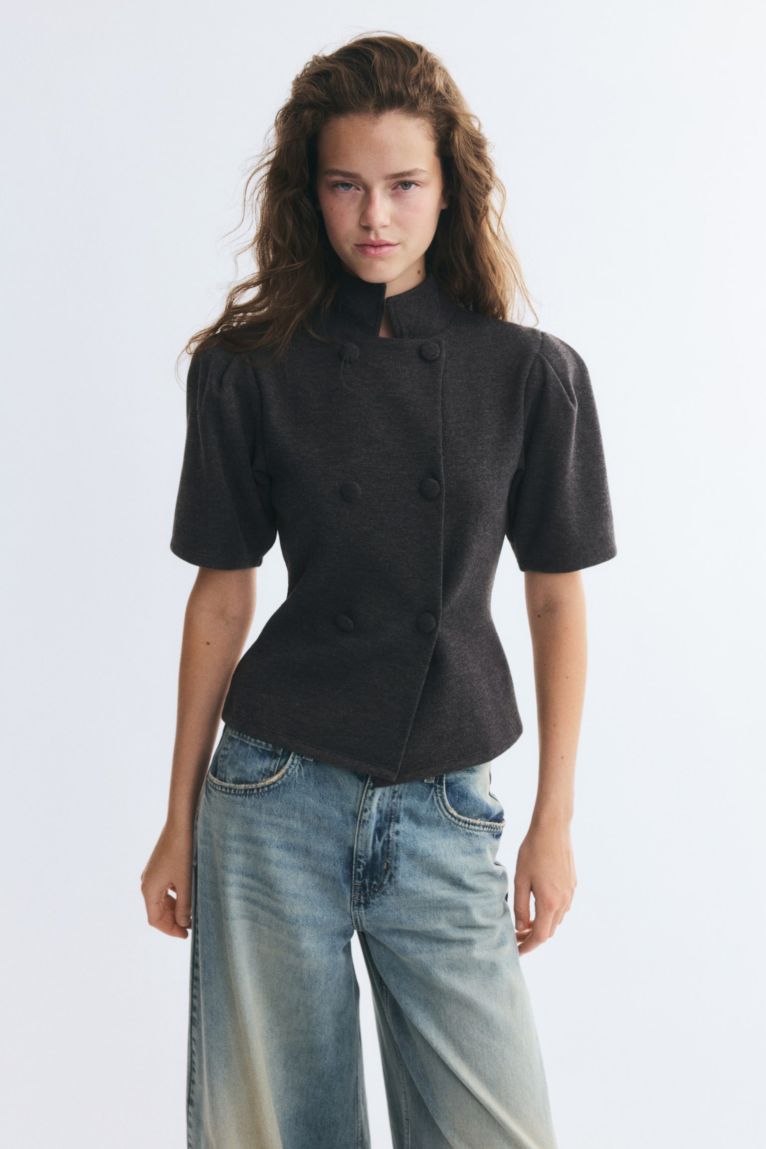 Женский топ H&M Double-Breasted Top with Stand-Up Collar, цвет: Тёмный серый меланжевый — фото 4