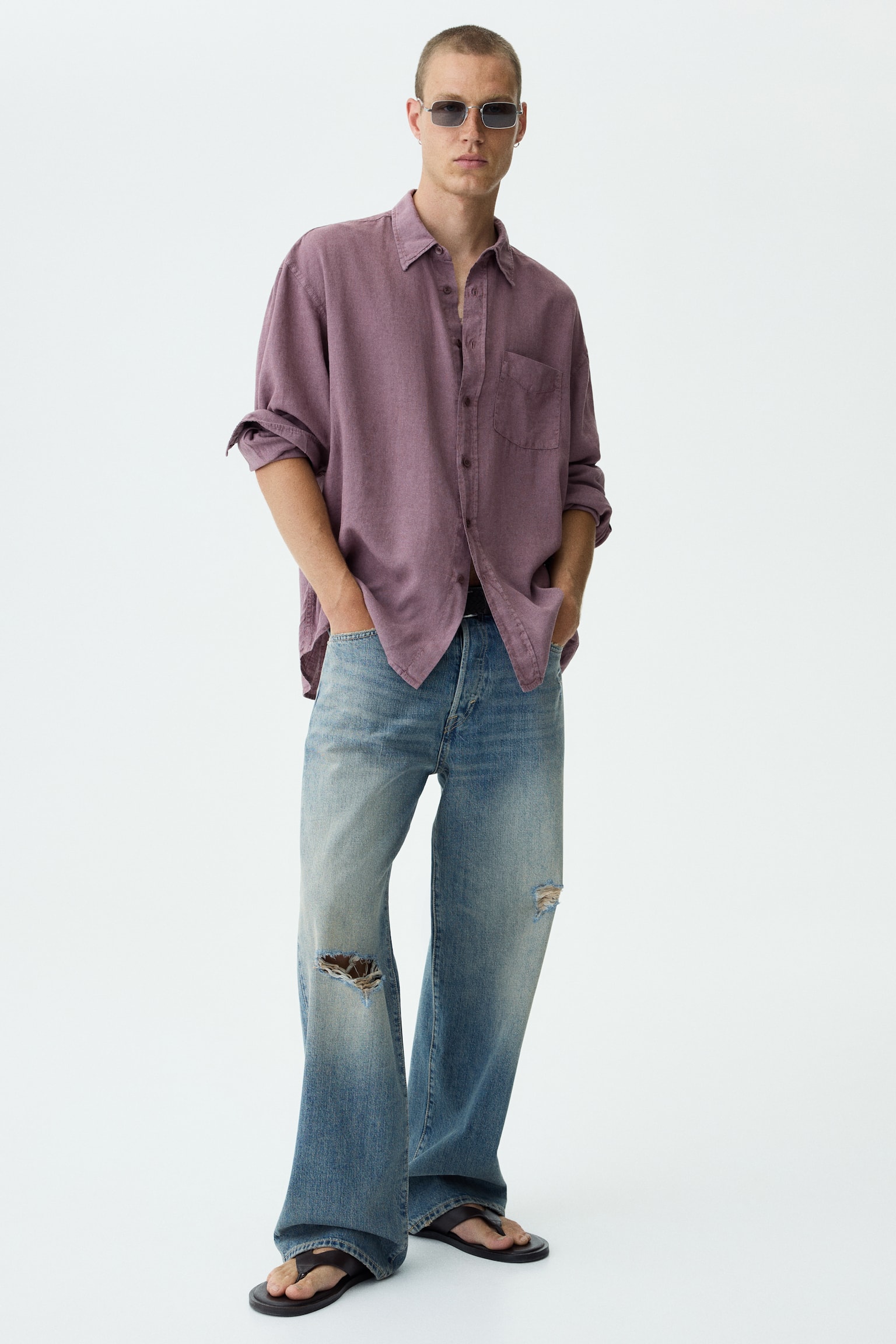 Relaxed Fit Linen-blend shirt - Dusty red/Dark grey - 1
