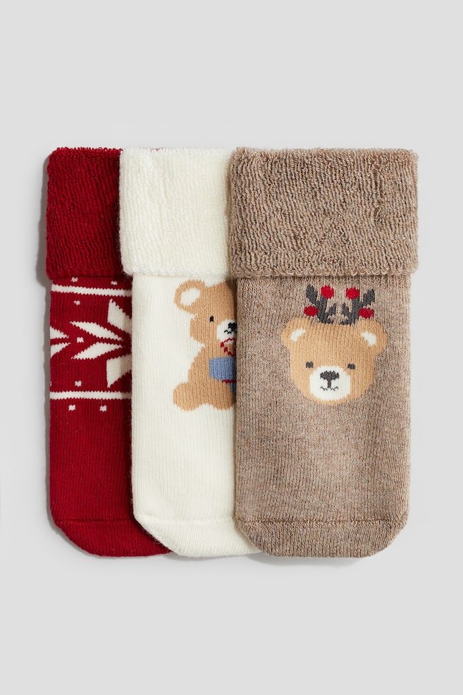 Pack de 3 pares de meias em turco - Vermelho/Urso/Bege mesclado/Flocos de neve - 1