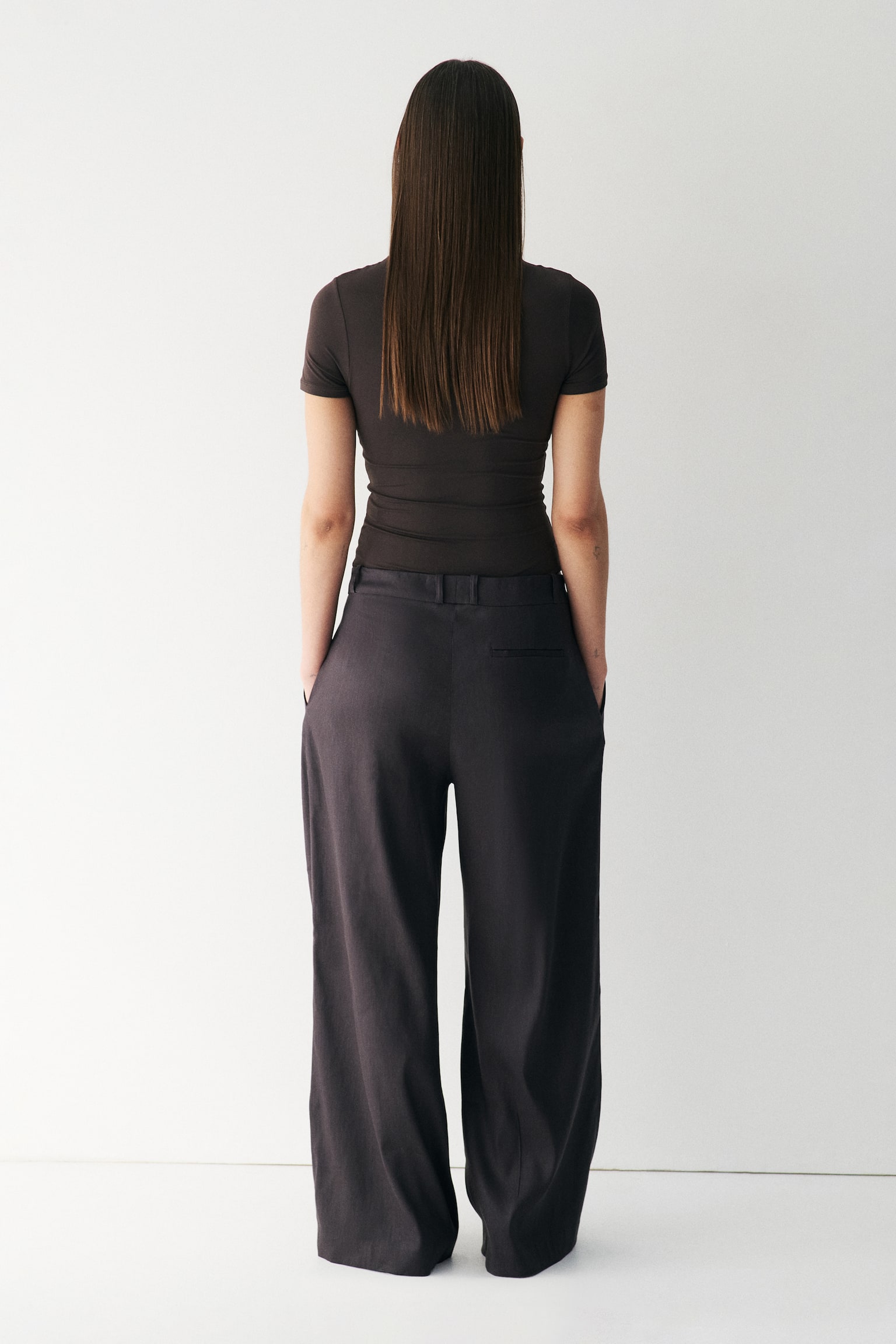 Wide linen-blend tailored trousers - Dark brown/Cream/Black - 3