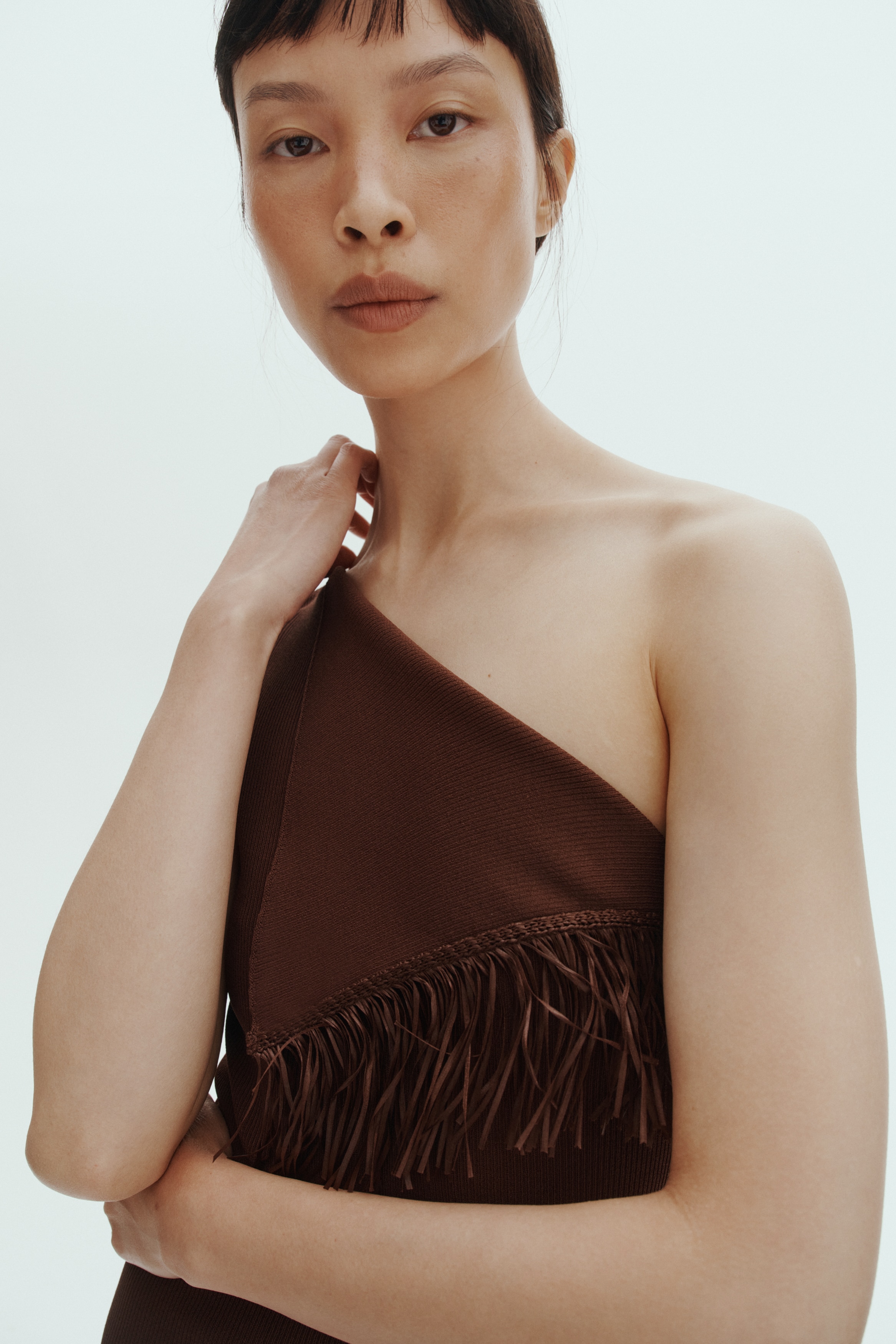 hm brown fringe dress Ladies - Dark Brown One-Shoulder Dress with Fringe - Size: S