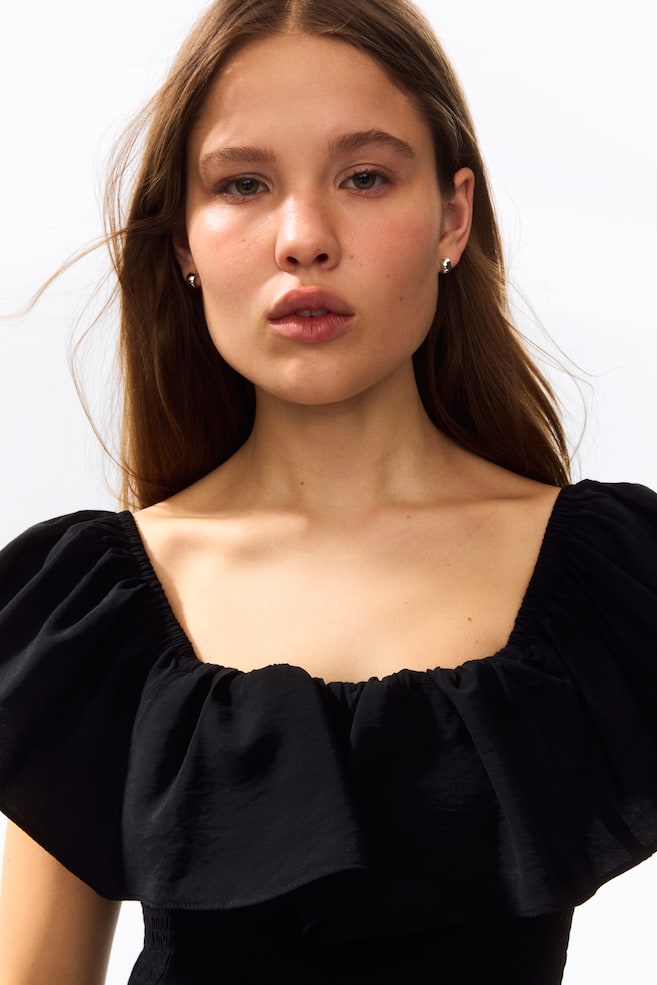 Flounced Off-the-Shoulder Dress - Black/Light purple/Rust brown - 5