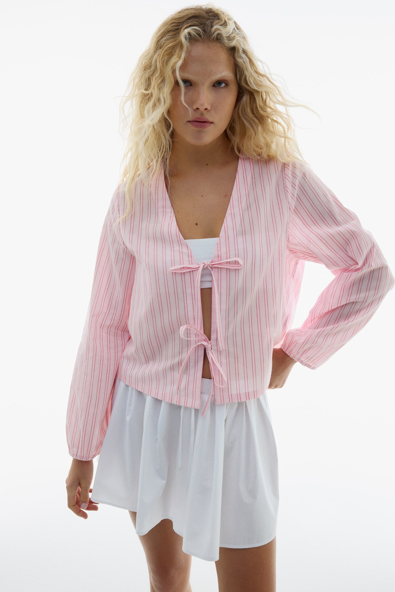 Áo kiểu cotton buộc dây phía trước - Màu hồng nhạt/Kẻ/Màu trắng - 4
