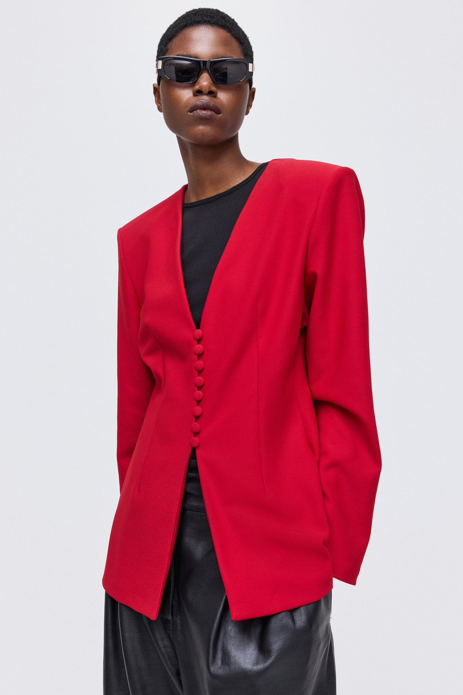 Collarless hourglass blazer - Red/Black - 3