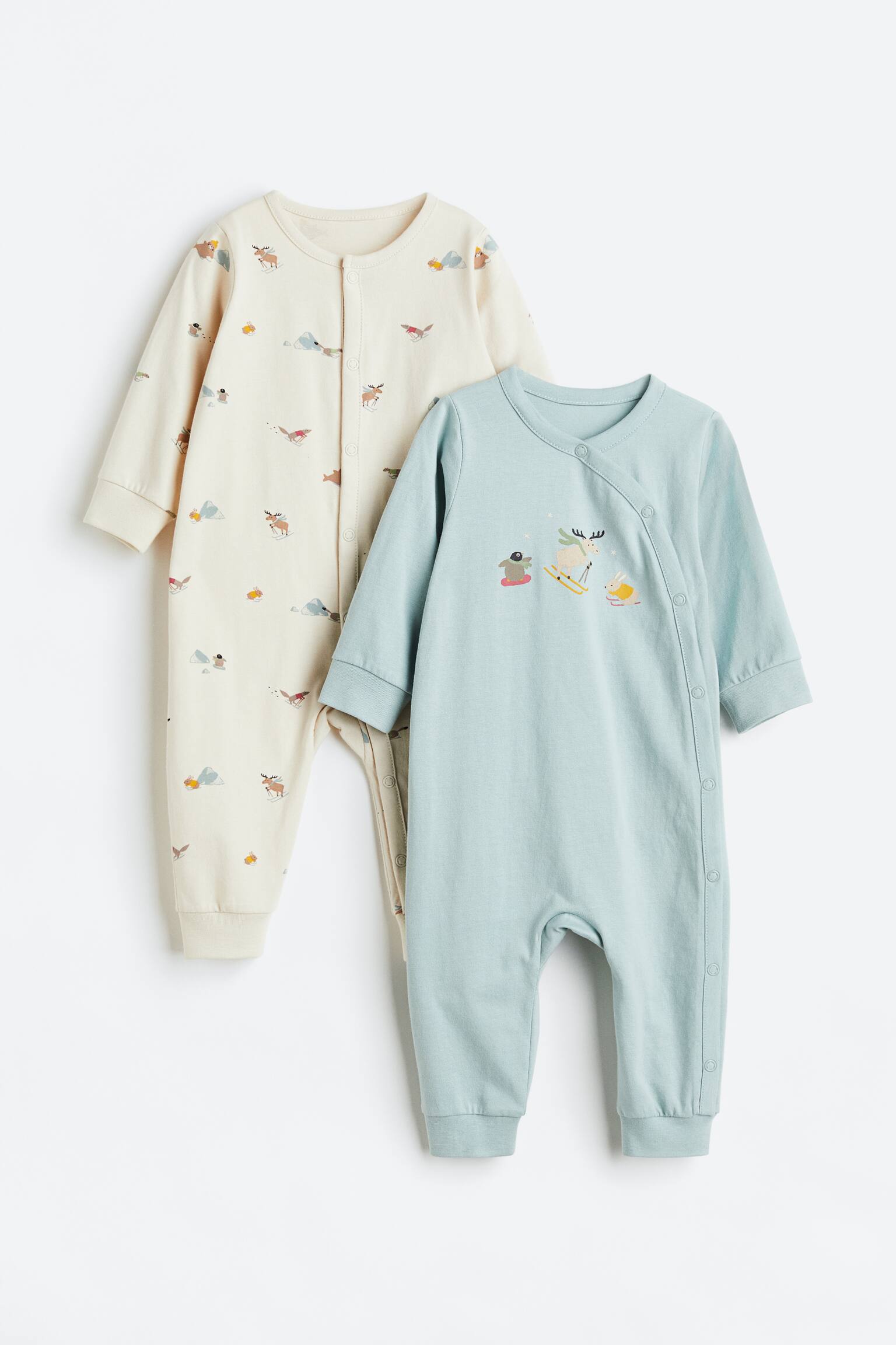 2-pack Pattern Cotton Pyjamas - Light blue/Winter Animals/Light beige/Floral/Beige/Giraffe/White/Animals/Light pink/Bunny/Light turquoise/Teddy bear/White/Dinosaurs - 1