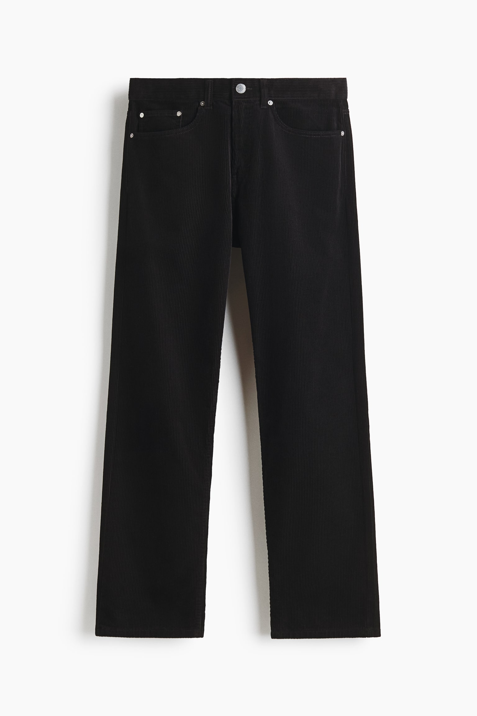Black corduroy trousers are shown from the front, highlighting a straight-leg silhouette and a classic five-pocket design with silver-toned rivets. The trousers feature a structured waistband with belt loops and a central button closure.
