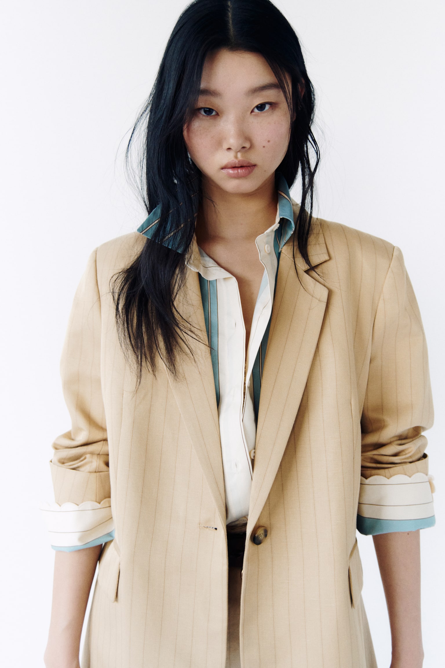 Linen-blend blazer - Beige/Pinstriped - 6
