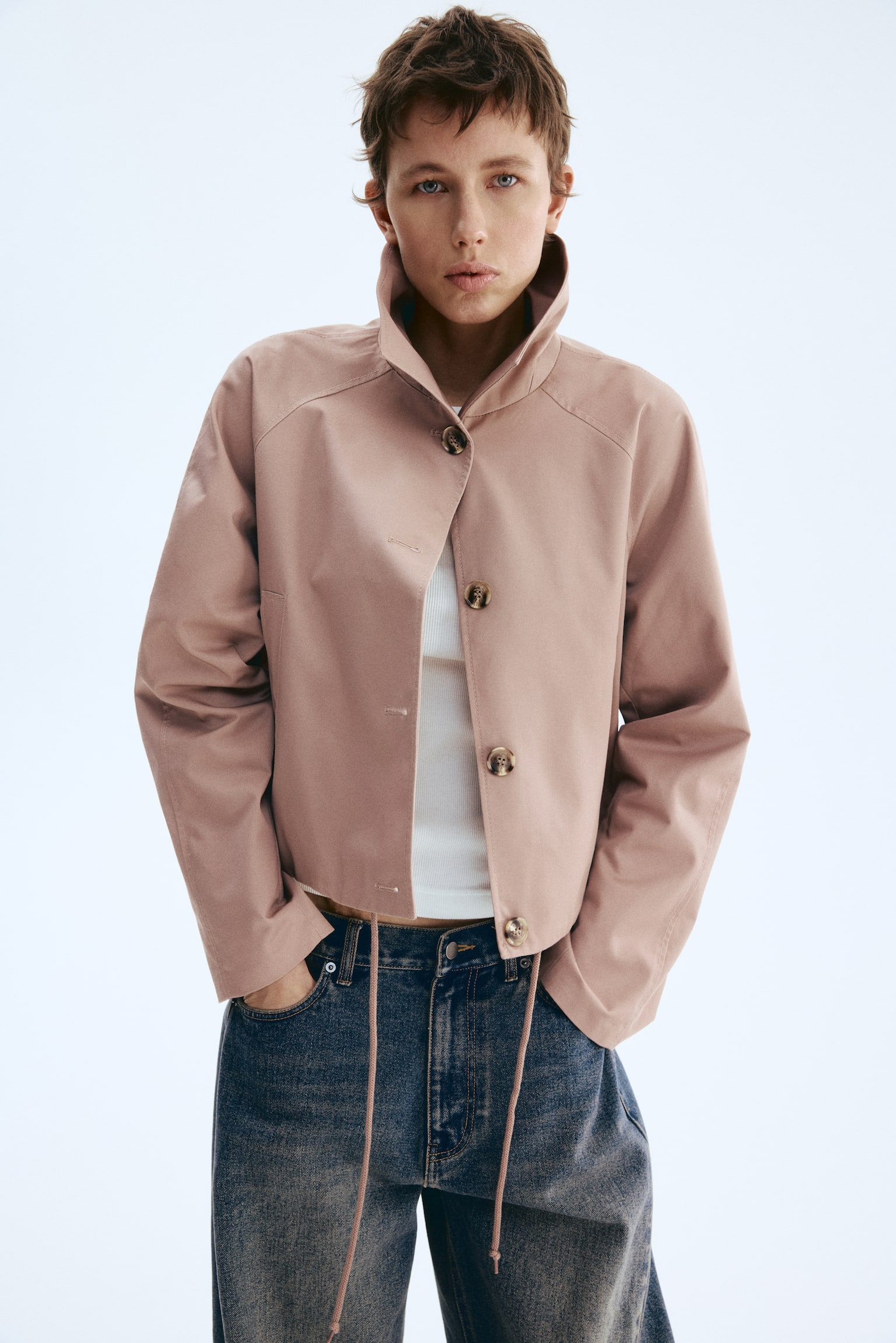 Саржева куртка - Приглушений рожевий/Темно-коричневий/Темно-бежевий - 8