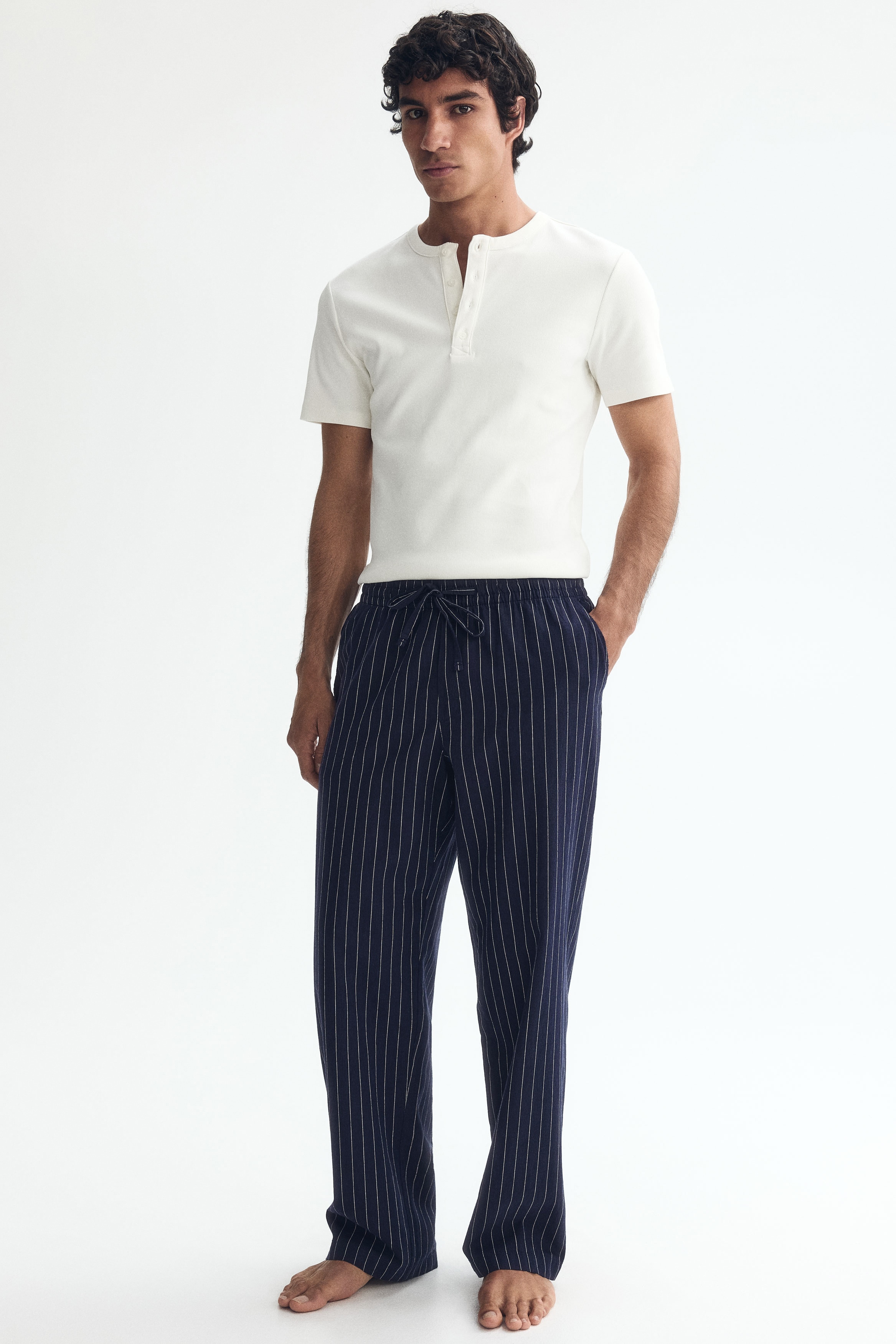 Kalhoty z lněné směsi Relaxed Fit - Námořnická modř/proužky/Béžová/proužky