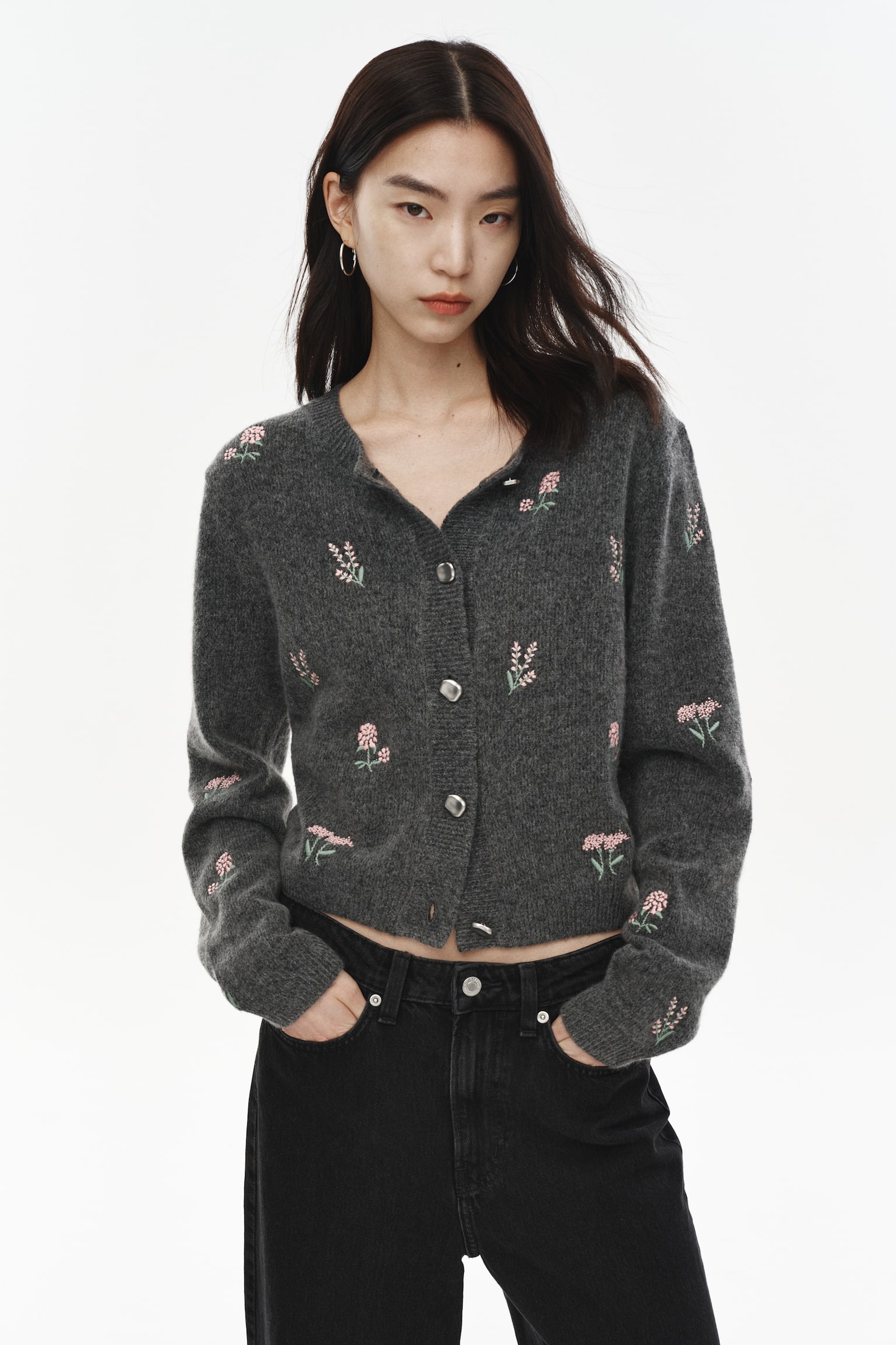 엠브로이더리 가디건 - Dark grey marl/Flowers/다크 브라운/화이트/플라워/크림 - 1