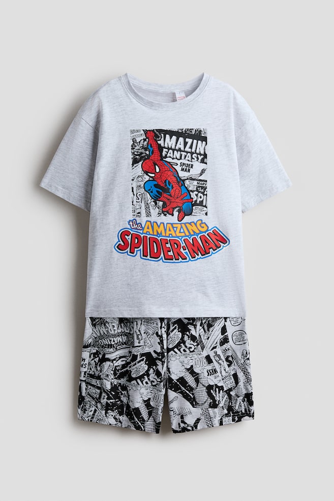 Pijama din bumbac cu imprimeu - Gri-melanj/Marvel Comics/Alb/Buretele Bob - 1