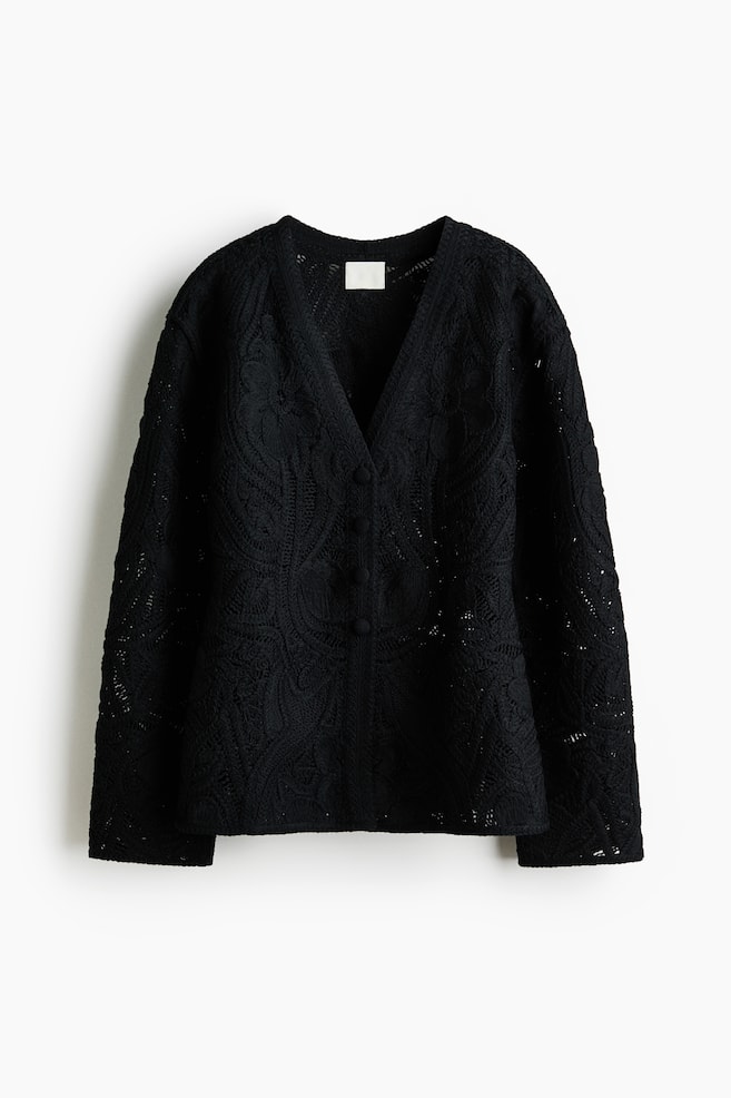 Crochet-look cardigan - Black/Dark yellow - 1