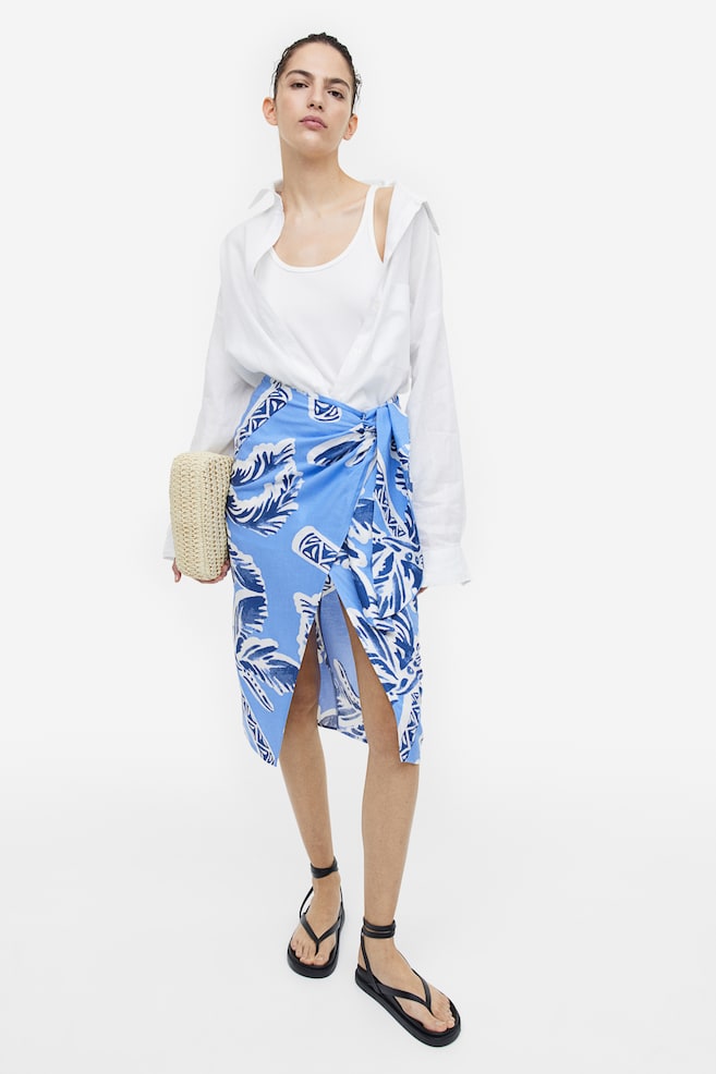 Linen-blend wrapover skirt - Light blue/Palm trees/Cerise/Orchids/Light beige/Black/dc - 1