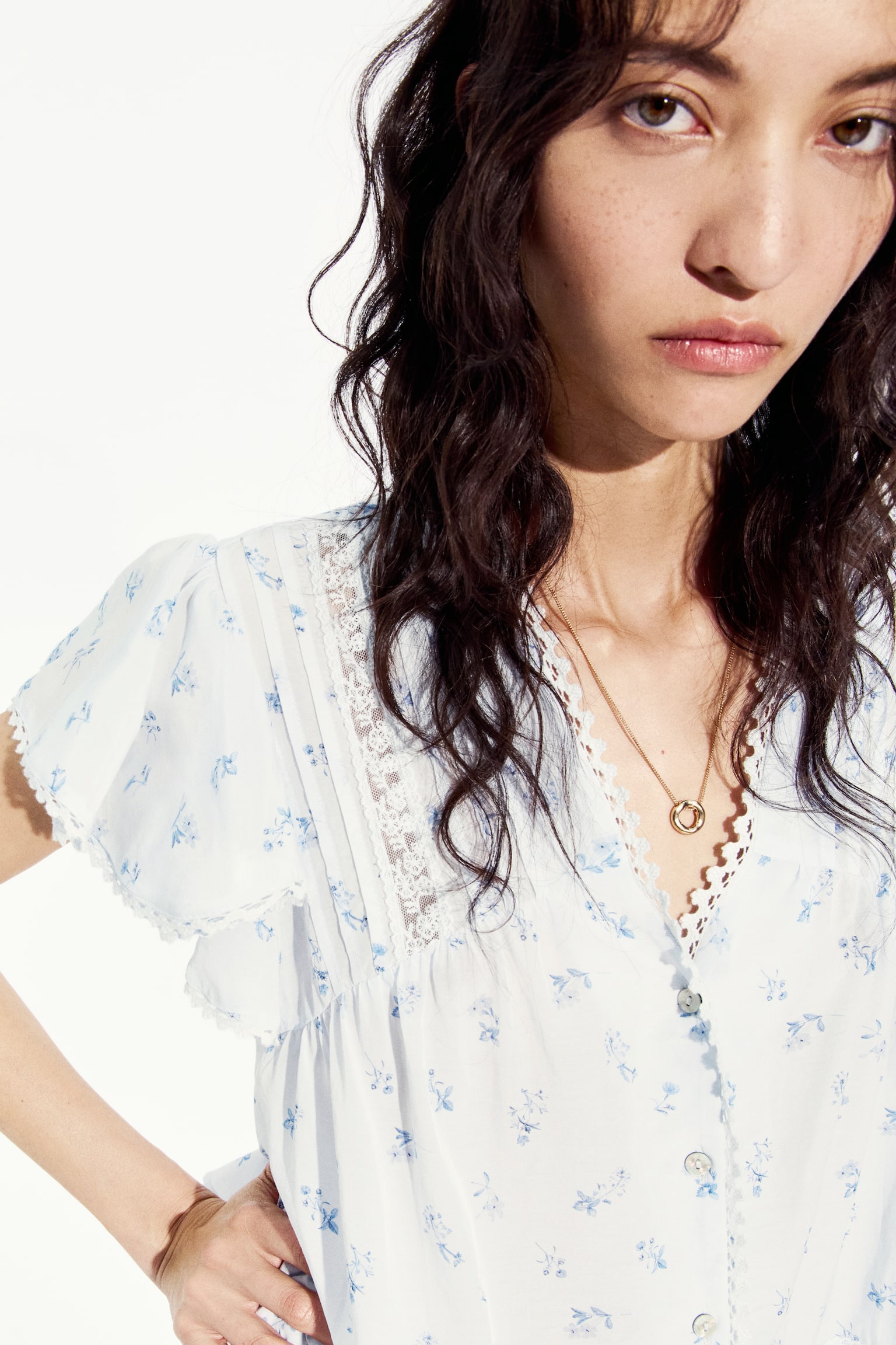 Lace-Inset Blouse - Light blue/floral/Yellow/Light peach pink - 2