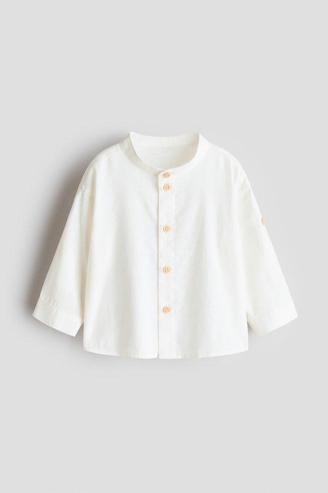 Linen-Blend Band Collar Shirt - White/Cream/Light blue/white striped - 1