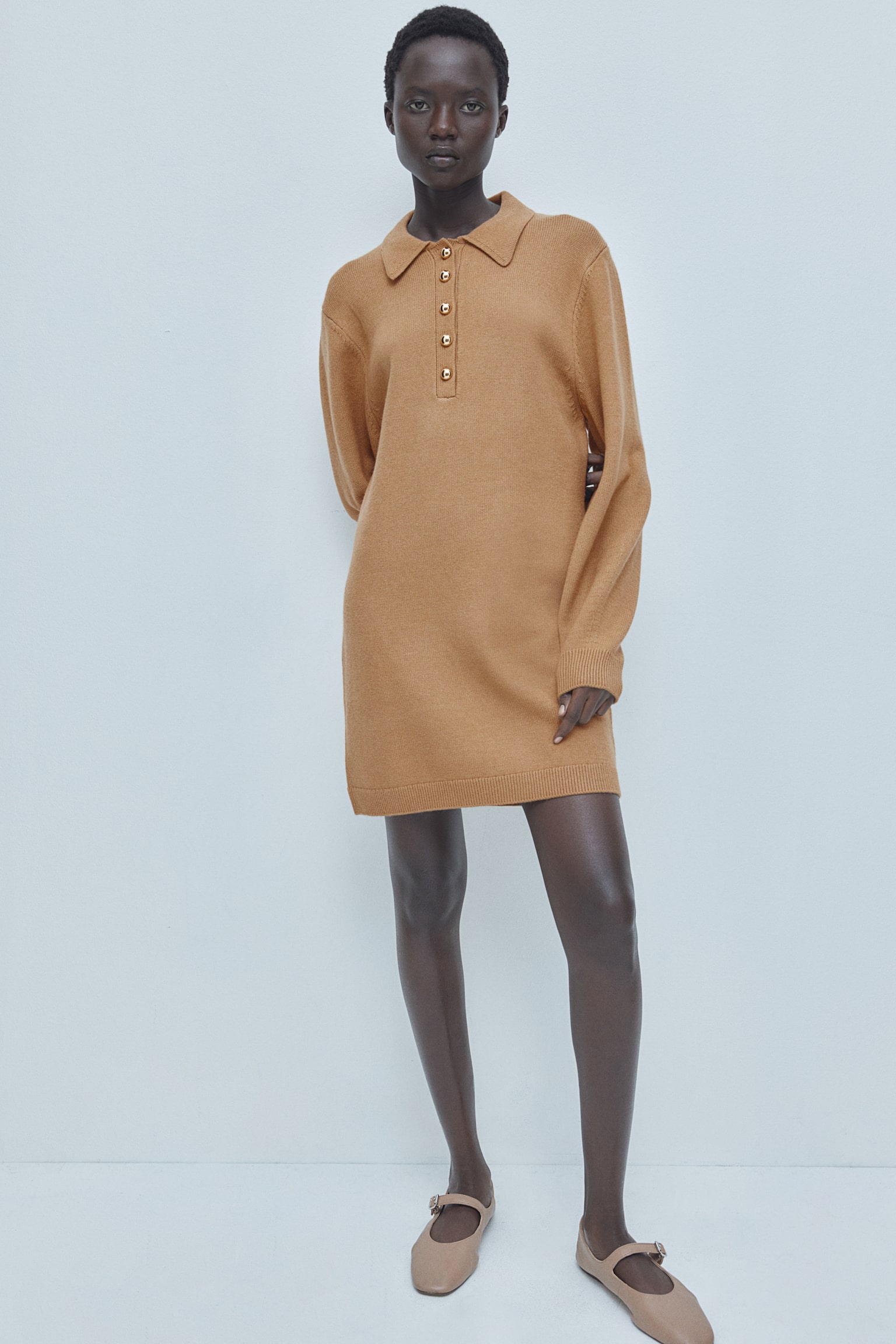 Fine-knit collared dress - Dark beige/Black/Grey marl - 5